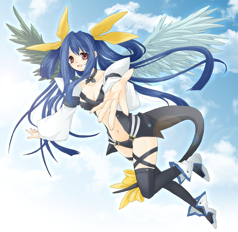 chiwa (chiwawanwan1206), dizzy (guilty gear), arc system works, guilty gear, bad id, bad pixiv id, 1girl, asymmetrical wings, blue hair, breasts, choker, cleavage, female focus, long hair, midriff, navel, red eyes, ribbon, shoes, solo, tail, tail ornament, tail ribbon, thighhighs, twintails, wings