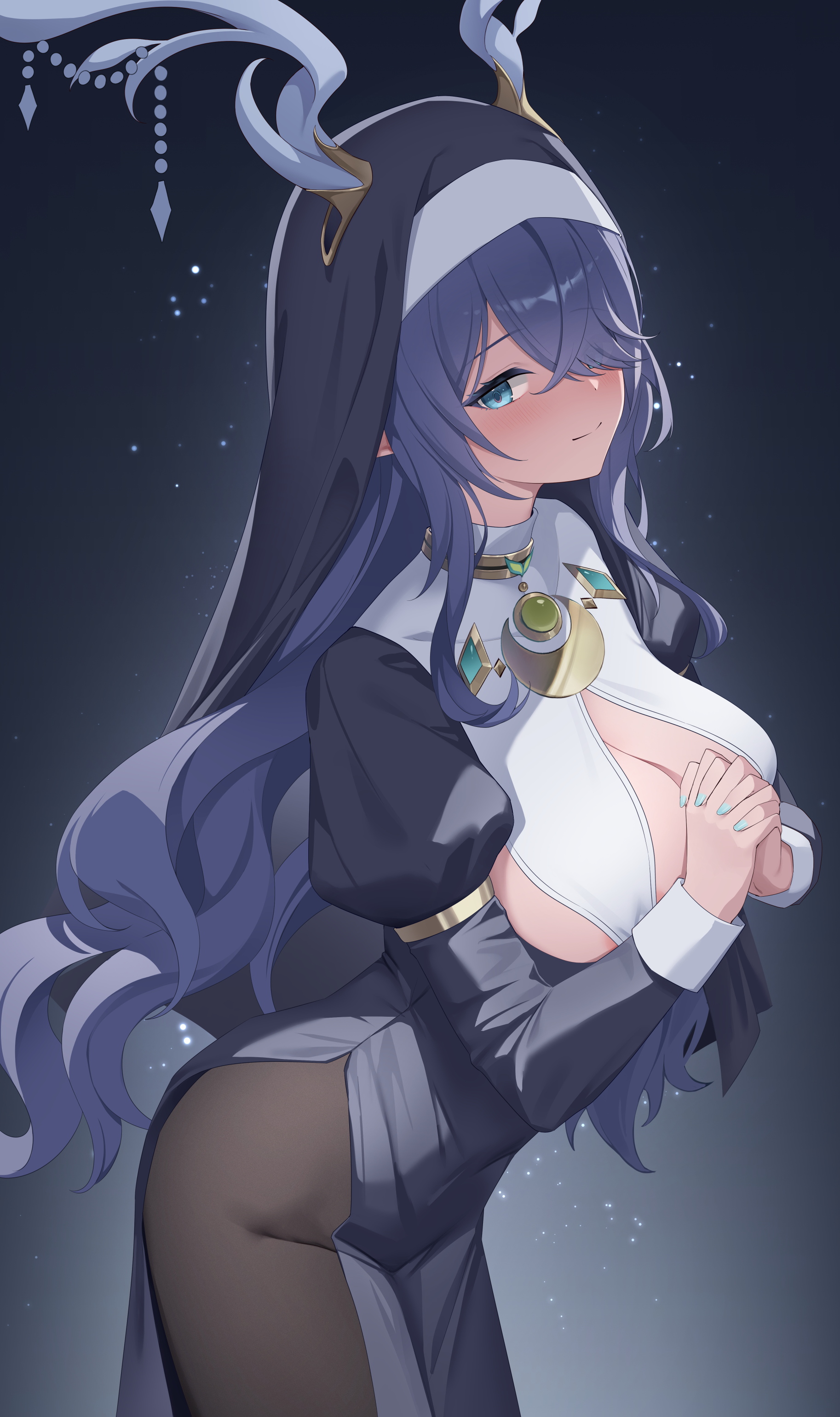 lunacle, lauma (genshin impact), genshin impact, absurdres, commentary request, highres, paid reward available, 1girl, alternate costume, antlers, black dress, black pantyhose, blue eyes, breast curtains, breasts, cleavage, closed mouth, deer antlers, dress, grey nails, hair over one eye, horns, horns through hood, large breasts, long hair, looking at viewer, nail polish, no bra, nun, own hands clasped, own hands together, pantyhose, purple hair, sidelocks, smile, solo, very long hair
