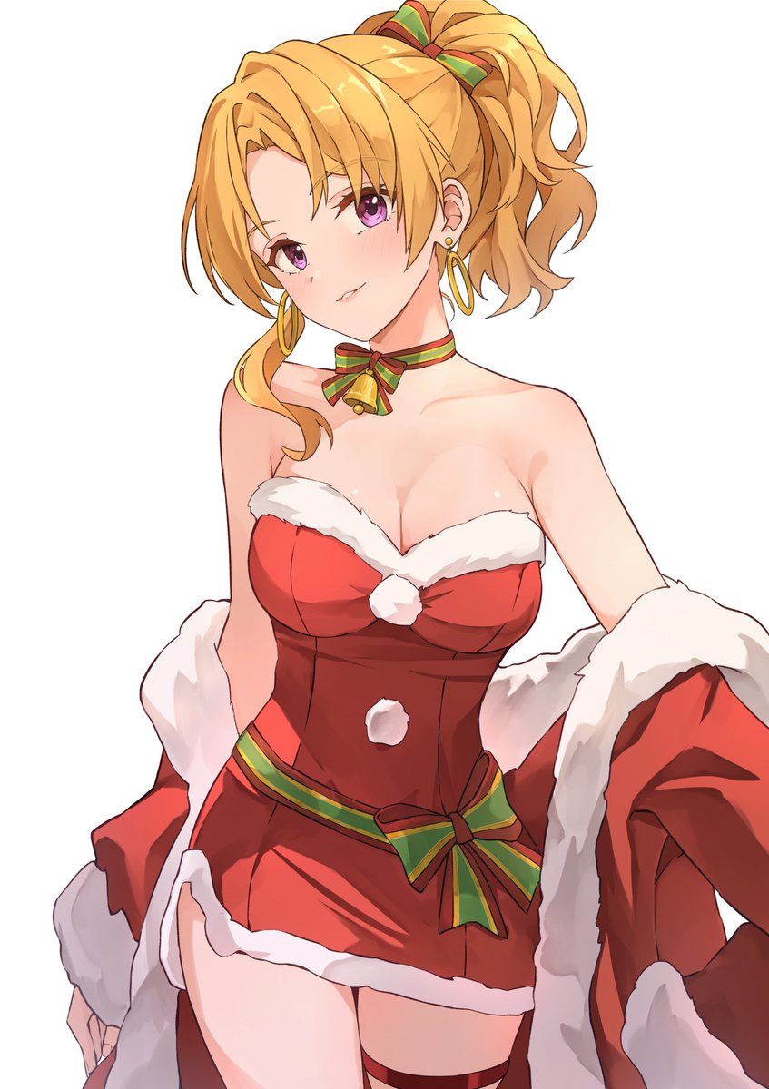 b1ack illust, kiryu tsukasa (idolmaster), idolmaster, idolmaster cinderella girls, commentary, highres, 1girl, bare shoulders, bell, blonde hair, breasts, choker, cleavage, collarbone, cowboy shot, dress, earrings, fur-trimmed dress, fur trim, jewelry, looking at viewer, medium breasts, neck bell, ponytail, purple eyes, red dress, santa costume, santa dress, simple background, smile, solo, strapless, strapless dress, white background