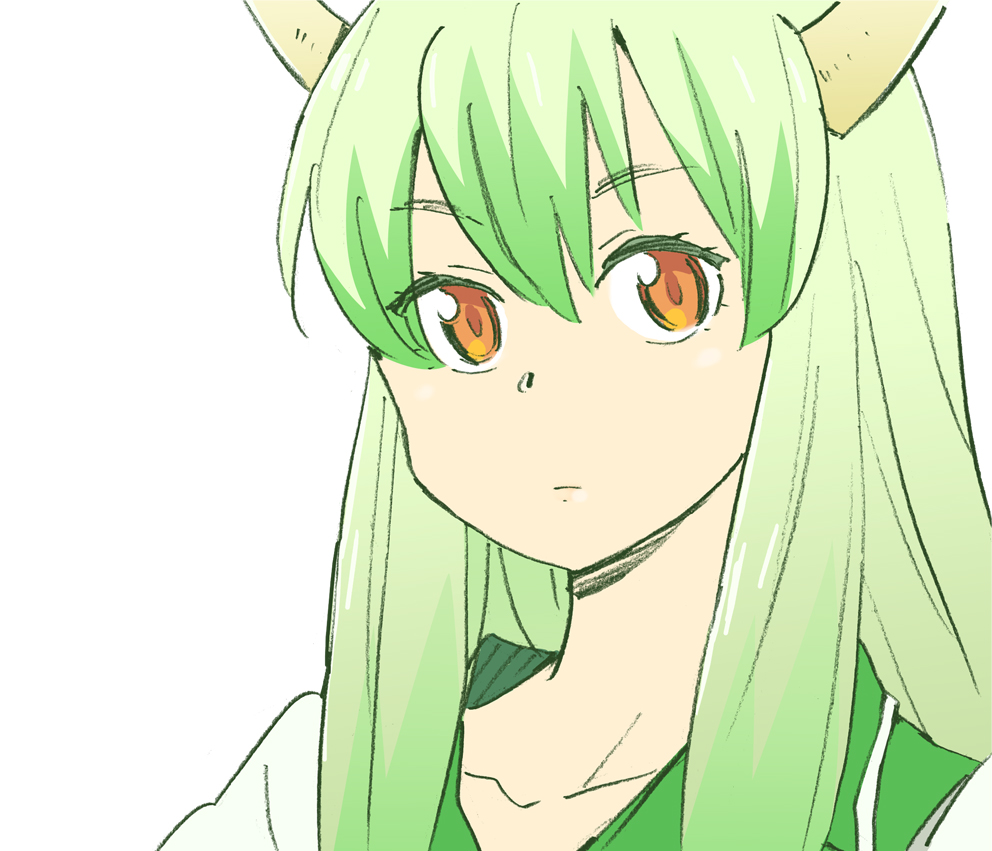 katou haruaki, ex-keine, kamishirasawa keine, touhou, 1girl, female focus, green hair, horns, long hair, red eyes, simple background, solo, white background