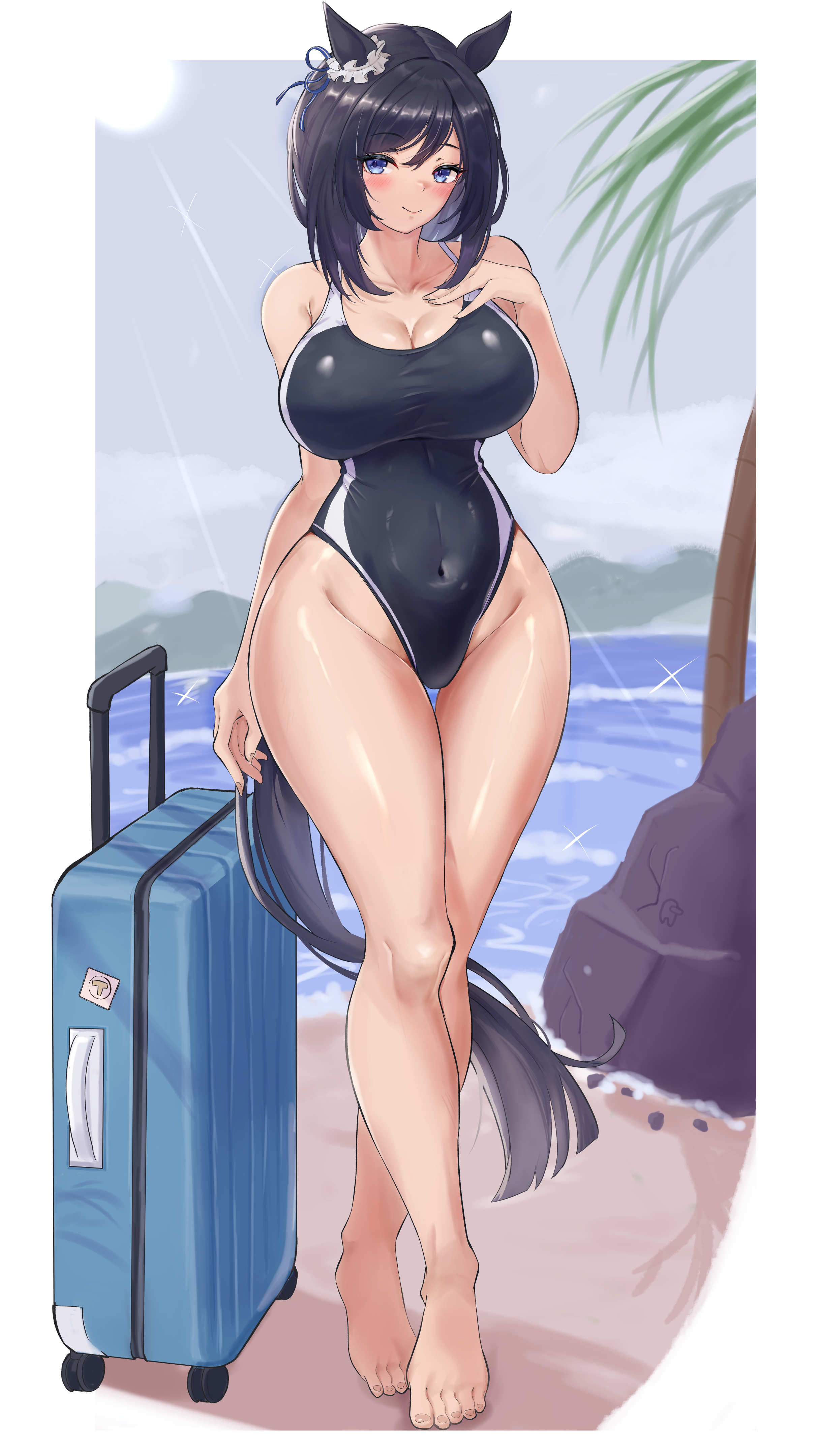 j450n777, eishin flash (umamusume), umamusume, absurdres, commentary, commission, highres, pixiv commission, 1girl, animal ears, bare legs, barefoot, beach, black one-piece swimsuit, blue eyes, breasts, closed mouth, competition swimsuit, full body, horse ears, horse girl, horse tail, large breasts, looking at viewer, ocean, one-piece swimsuit, palm tree, smile, solo, standing, swimsuit, tail, tree