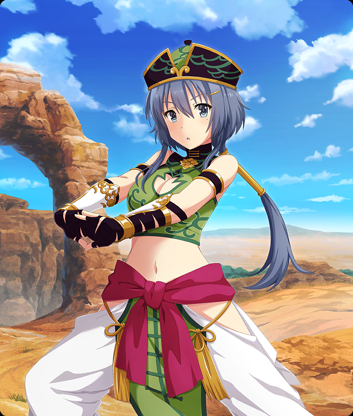 setouchi chie, sha wujing, journey to the west, toji no miko, toji no miko: kizamishi issen no tomoshibi, game cg, official art, third-party source, 1girl, armlet, black armlet, black gloves, blue eyes, blue hair, blue sky, bracer, breasts, cleavage, cleavage cutout, clothing cutout, cloud, cosplay, crop top, day, desert, feet out of frame, gloves, green hat, green shirt, hair ornament, hairclip, hat, hip vent, interlocked fingers, jewelry, large breasts, long hair, lunging, midriff, mole, mole under eye, navel, outdoors, outstretched arms, pants, parted lips, partially fingerless gloves, pelvic curtain, red sash, sash, sha wujing (cosplay), shirt, sidelocks, sky, sleeveless, sleeveless shirt, solo, white pants