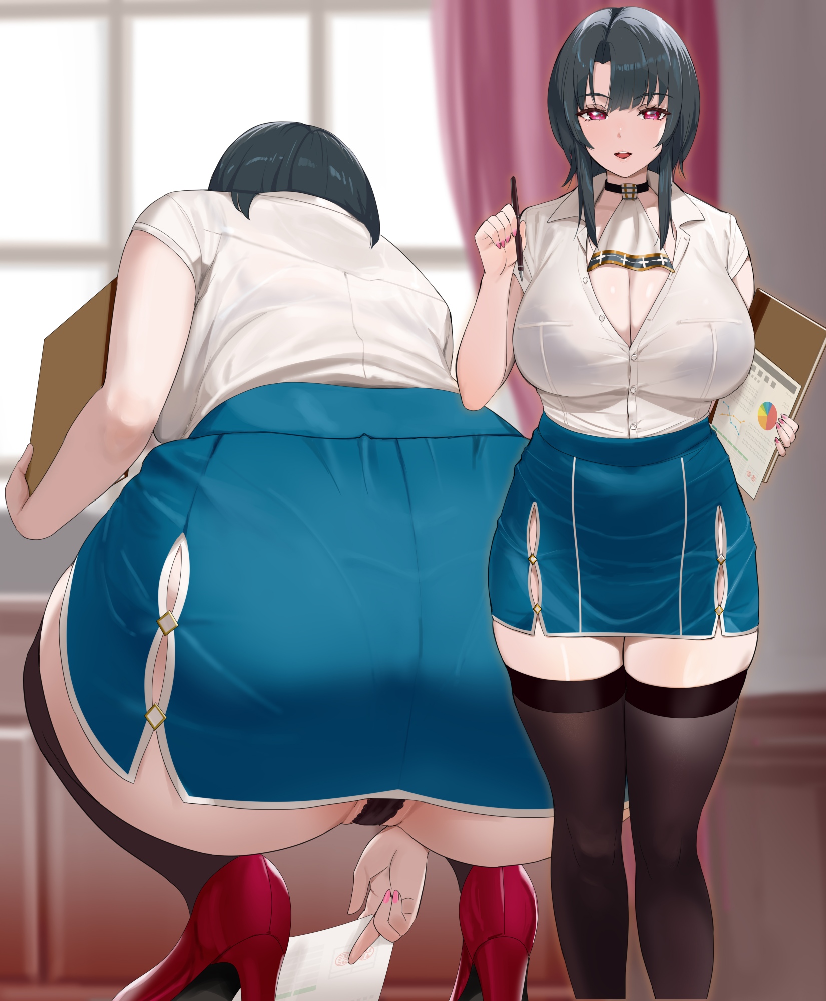 kusaka souji, takao (kancolle), kantai collection, commentary request, highres, 1girl, ascot, black hair, black panties, black thighhighs, blue skirt, blurry, blurry background, bra visible through clothes, breasts, cleavage, clipboard, collared shirt, curtains, dress shirt, from behind, high heels, holding, holding clipboard, holding pencil, indoors, lace, lace panties, large breasts, looking at viewer, military, military uniform, miniskirt, multiple views, open mouth, panties, parted bangs, partially unbuttoned, pencil, picking up, pink nails, red eyes, see-through clothes, shirt, shirt tucked in, short hair, sidelocks, skirt, squatting, thighhighs, underwear, upskirt, white ascot, white shirt, window