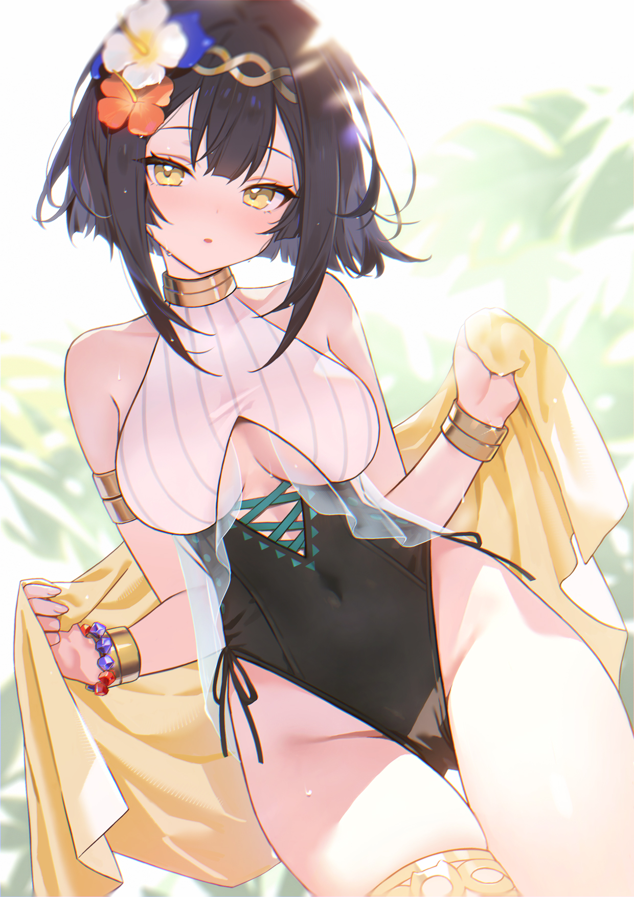 adelie cat, amber (stella sora), stella sora, commentary request, highres, 1girl, armlet, bare shoulders, bikini, breasts, cleavage cutout, clothing cutout, flower ornament, holding, holding towel, jewelry, medium breasts, navel cutout, outdoors, plant, short hair, side-tie bikini bottom, solo, swimsuit, thigh strap, thighs, towel, yellow eyes