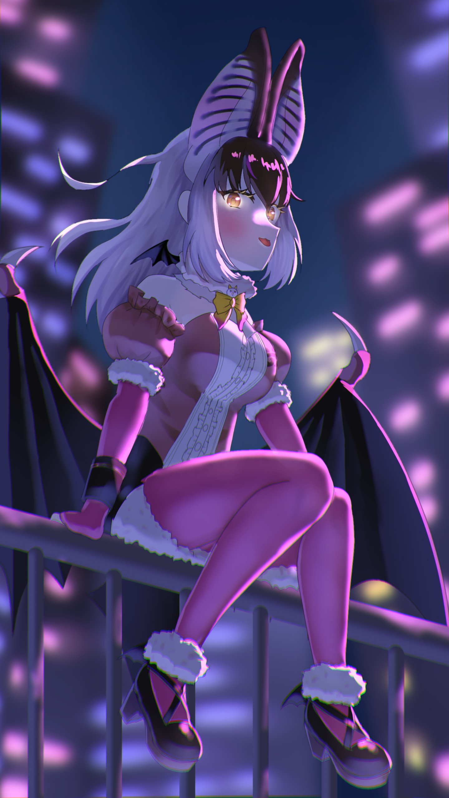 shirotsu116478, brown long-eared bat (kemono friends), kemono friends, kemono friends v project, absurdres, hashtag-only commentary, highres, 1girl, animal ears, bat ears, bat girl, bat wings, brown eyes, brown hair, building, elbow gloves, extra ears, fingerless gloves, full body, gloves, grey hair, leotard, long hair, looking at viewer, microphone, multicolored hair, night, night sky, pantyhose, shoes, skirt, sky, solo, streaked hair, virtual youtuber, wings