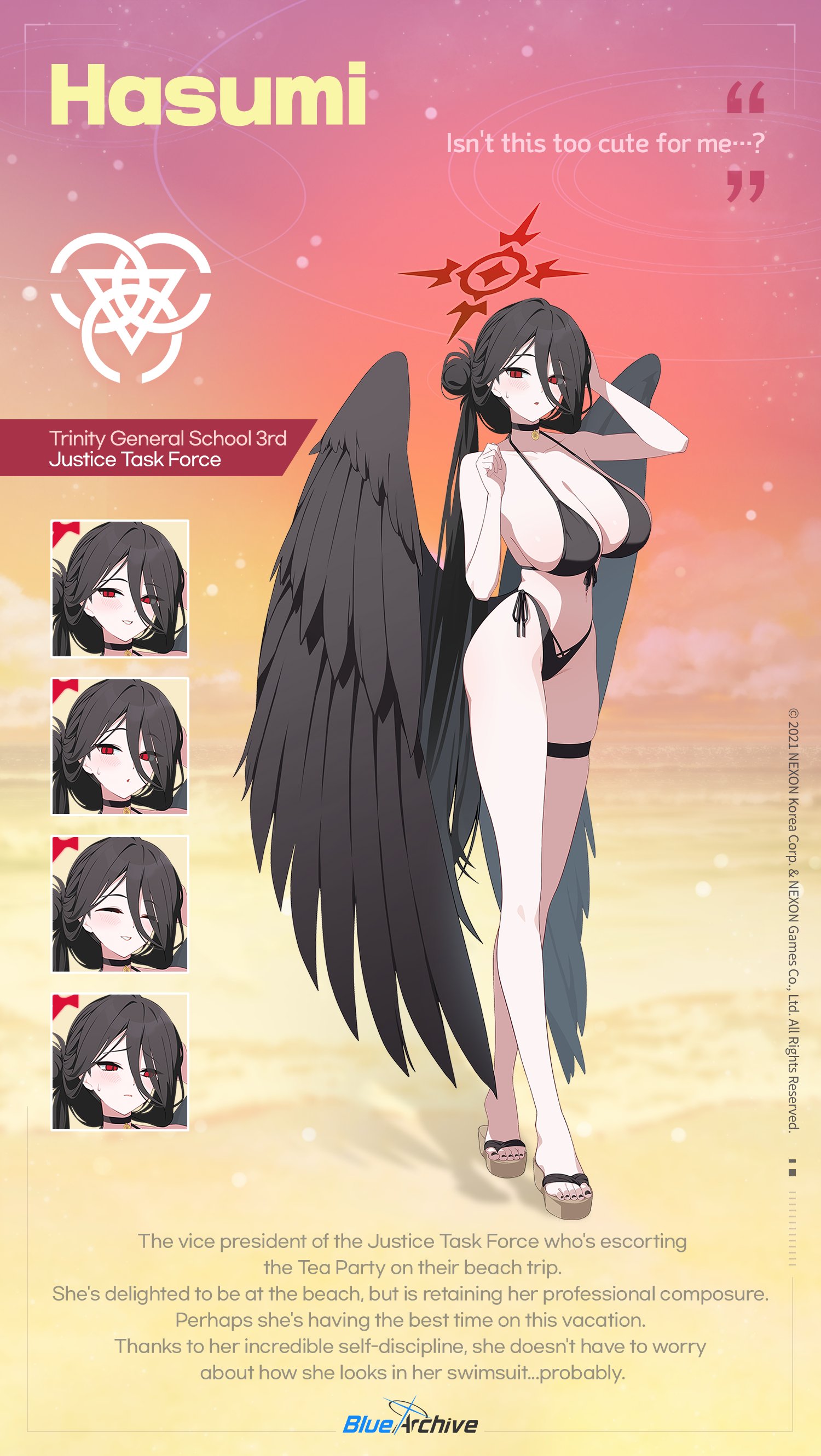 gom (kooskoo), hasumi (blue archive), hasumi (swimsuit) (blue archive), blue archive, absurdres, commentary, english commentary, highres, official art, second-party source, 1girl, bikini, black bikini, black choker, black hair, black wings, breasts, brown sandals, character name, choker, collarbone, copyright logo, copyright name, copyright notice, english text, feathered wings, front-tie bikini top, front-tie top, full body, groin, hair between eyes, hair bun, halo, highleg, highleg bikini, huge breasts, logo, long hair, long legs, multiple expressions, multiple views, nail polish, official alternate costume, official alternate hairstyle, parted lips, ponytail, red eyes, red halo, sandals, side-tie bikini bottom, sideboob, standing, sweatdrop, swimsuit, thigh strap, thighs, toenail polish, toenails, very long hair, wings