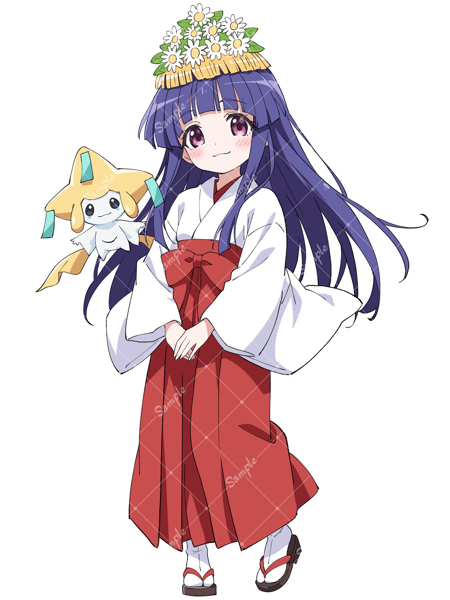 niyane, furude rika, jirachi, higurashi no naku koro ni, nintendo, pokemon, highres, 1girl, :3, black sandals, blunt bangs, blush, closed mouth, flower, full body, gen 3 pokemon, hair flower, hair ornament, hakama, hakama skirt, japanese clothes, kimono, leaf, legendary pokemon, long hair, long sleeves, looking at viewer, miko, mythical pokemon, okobo, pink eyes, platform sandals, pokemon (creature), purple hair, red hakama, sample watermark, sandals, simple background, skirt, smile, socks, standing, tabi, watermark, watermark grid, white background, white flower, white kimono, white socks, wide sleeves
