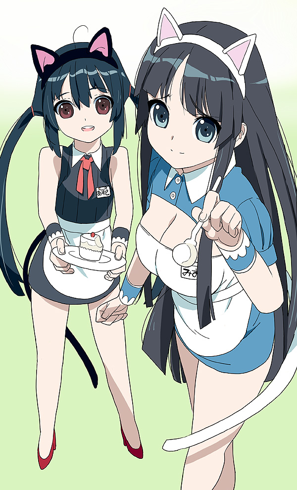 kawasaki kazuhiko, akiyama mio, nakano azusa, k-on!, 00s, 2girls, animal ears, apron, black hair, blue eyes, breasts, brown eyes, cake, cat ears, cat tail, cleavage, food, large breasts, long hair, multiple girls, pastry, spoon, tail, twintails, waist apron, waitress