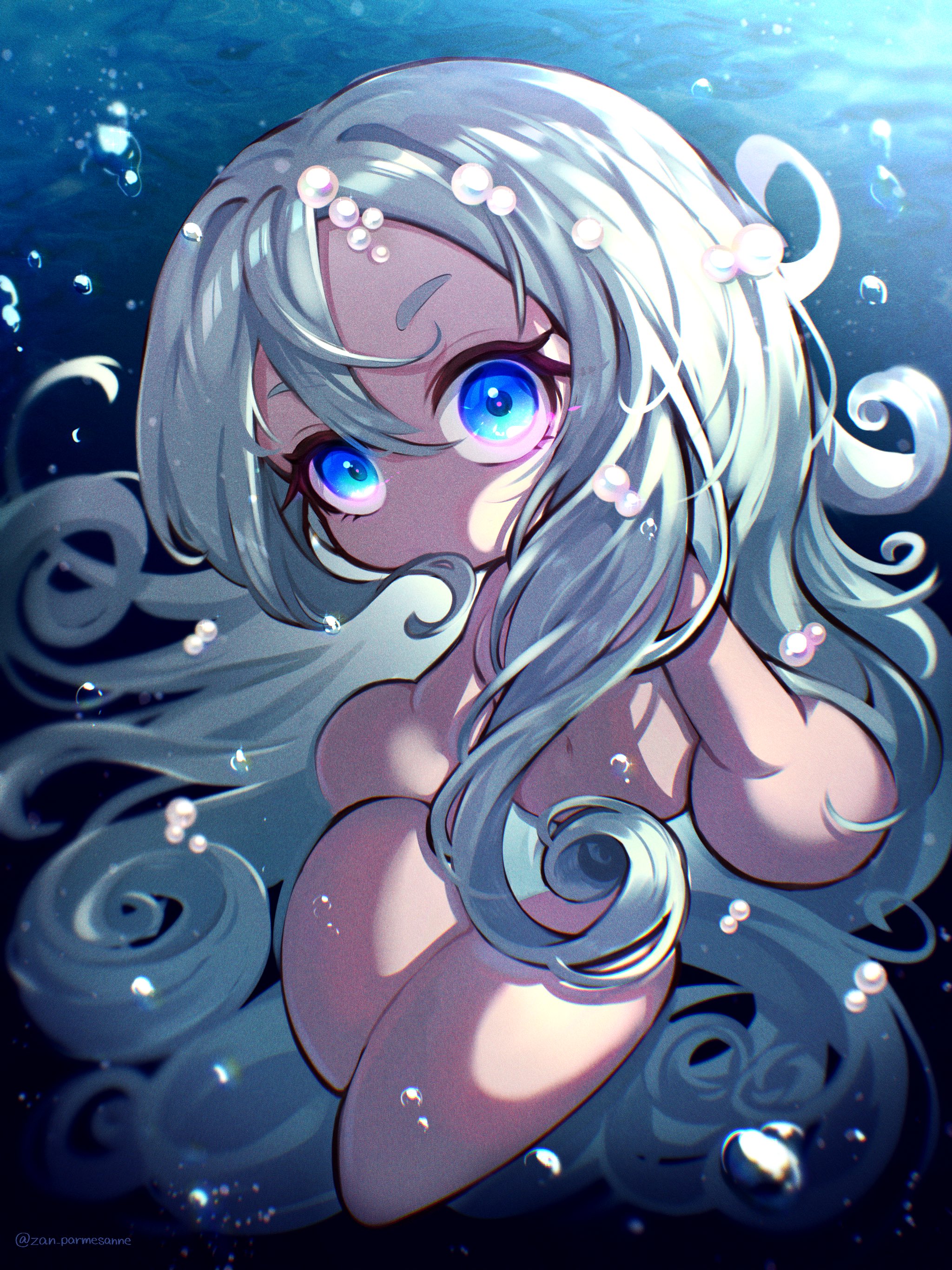 parmesan (zan parmesanne), jikkyou powerful pro yakyuu, power pro appli, absurdres, commentary request, highres, 1girl, air bubble, awase marina, blue eyes, breasts, bubble, curly ends, glowing, glowing eyes, hair behind ear, hair censor, jikkyou powerful pro yakyuu (style), long hair, looking at viewer, medium breasts, navel, no mouth, nude, outdoors, rayman limbs, solo, twitter username, underwater, very long hair