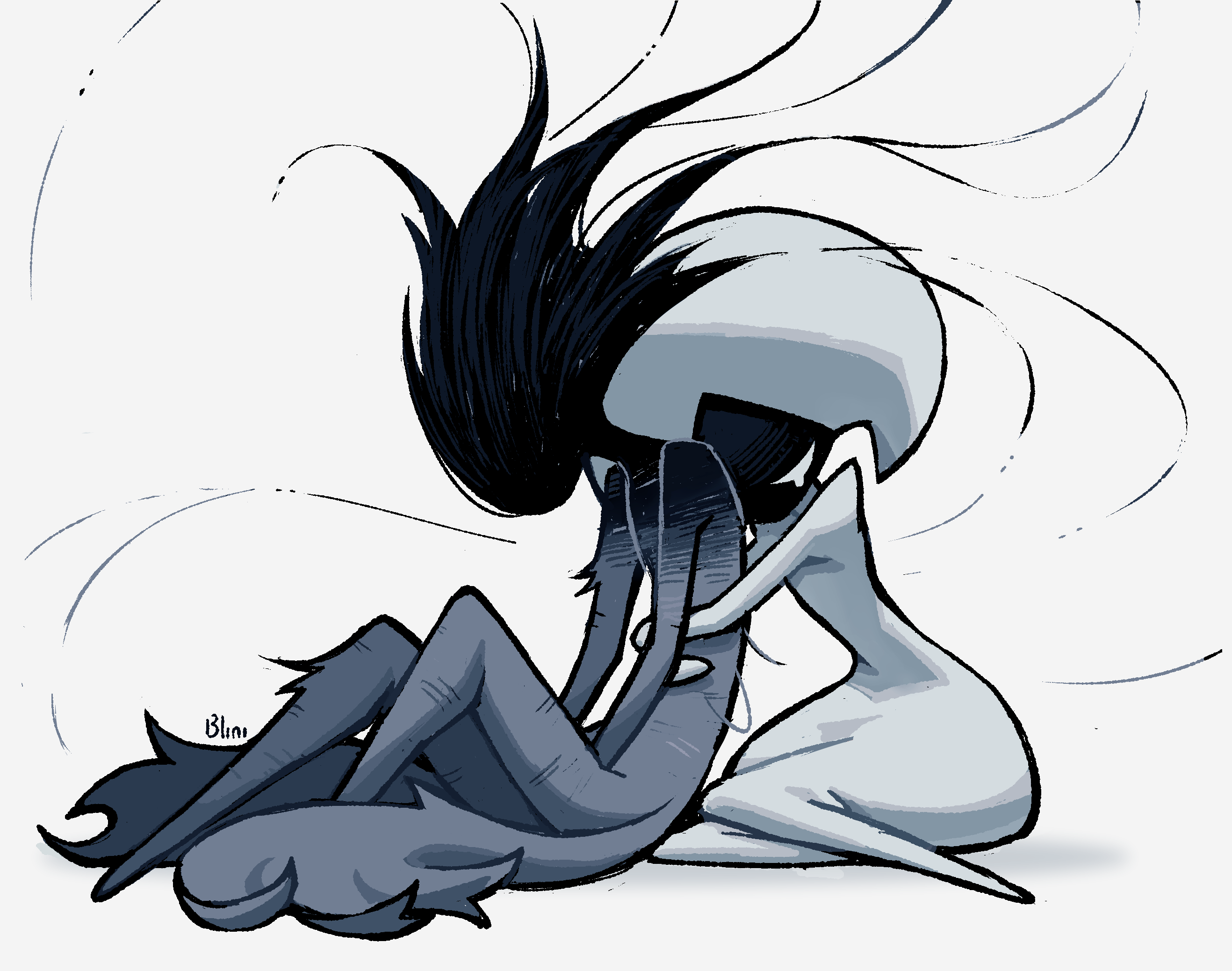 blinibunny, lace (hollow knight), phantom (hollow knight), hollow knight, hollow knight: silksong, commentary, english commentary, highres, 1girl, 1other, artist name, black hair, black skin, blank eyes, bodysuit, colored skin, dress, floating hair, full body, grey dress, hat, hug, hug from behind, no mask, siblings, simple background, sitting, white background, white bodysuit, white eyes, white hat