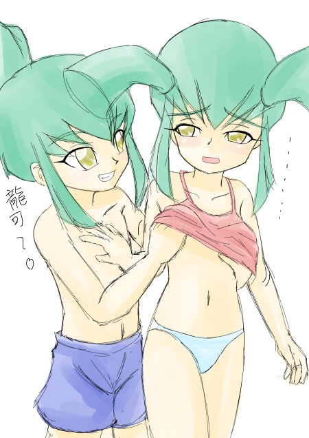 takappe, lua (yu-gi-oh!), luca (yu-gi-oh!), yu-gi-oh!, yu-gi-oh! 5d's, eyebrows, translation request, 00s, 2girls, blue panties, blue shorts, collarbone, incest, loli, multiple girls, navel, open mouth, panties, shorts, teeth, underwear, yellow eyes