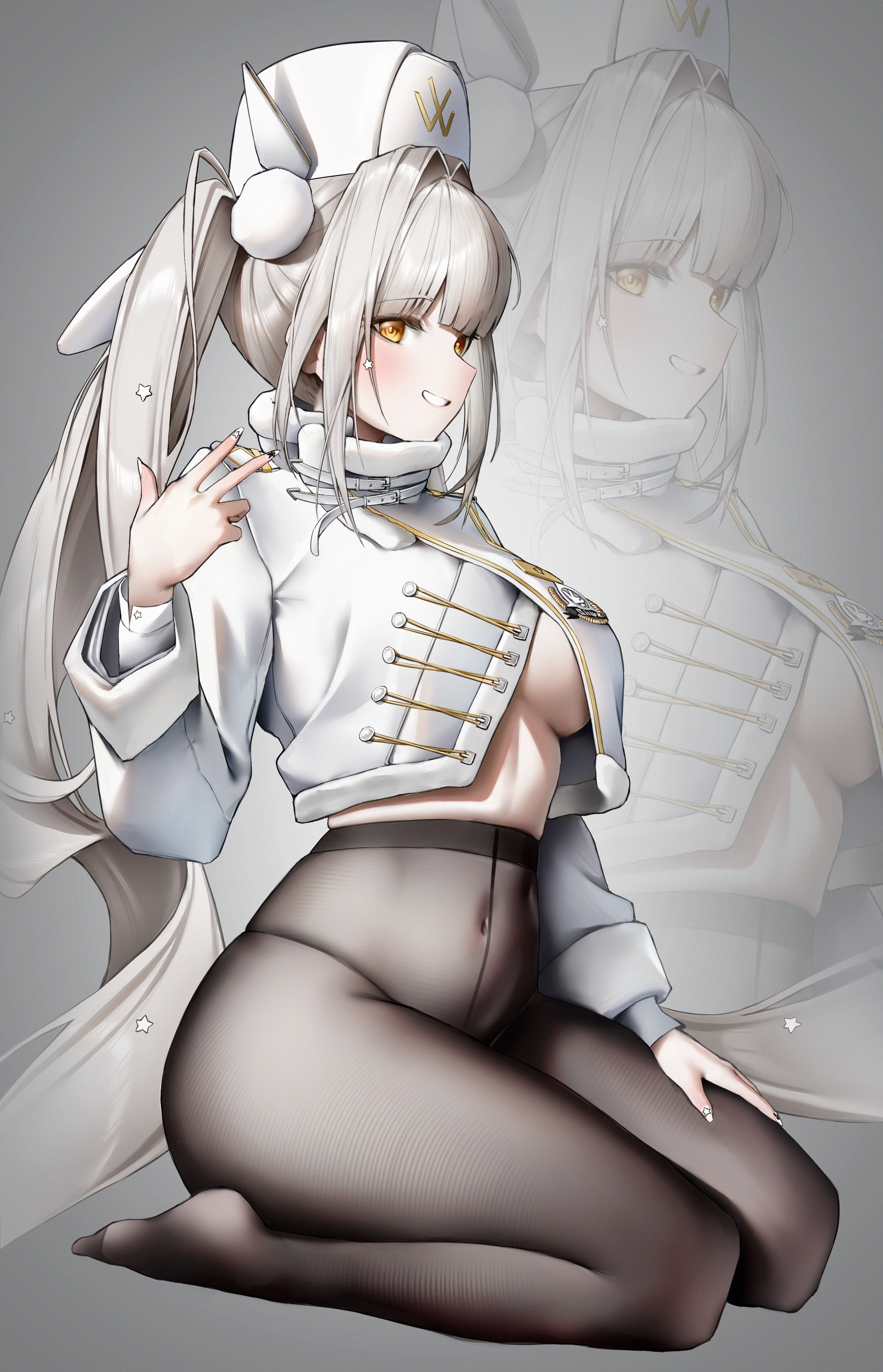hundred0327, blanc (fortune express) (nikke), blanc (nikke), goddess of victory: nikke, absurdres, commentary, english commentary, highres, 1girl, absurdly long hair, breasts, covered navel, cropped jacket, grin, hand up, hat, high ponytail, jacket, kneeling, long hair, medium breasts, official alternate costume, pantyhose, ponytail, smile, solo, thighs, very long hair, white hair, white hat, white jacket, yellow eyes, zoom layer