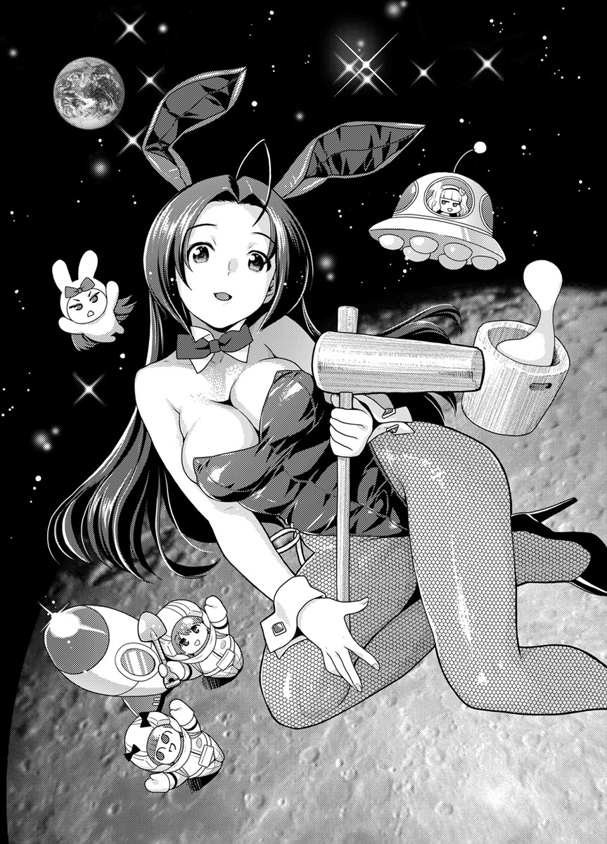 nekomata naomi, hagiwara yukiho, minase iori, miura azusa, nonowa, shijou takane, takatsuki yayoi, idolmaster, idolmaster (classic), highres, 00s, 5girls, animal costume, animal ears, astronaut, breasts, chibi, earth (planet), fake animal ears, fishnet pantyhose, fishnets, food, greyscale, kine, large breasts, long hair, looking at viewer, mallet, mochi, monochrome, moon, multiple girls, on moon, outdoors, pantyhose, pestle, planet, playboy bunny, rabbit ears, rocket, shovel, smile, space, ufo, wagashi, worktool