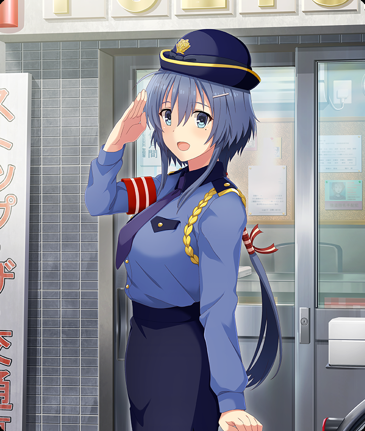 setouchi chie, toji no miko, toji no miko: kizamishi issen no tomoshibi, game cg, official art, third-party source, 1girl, :d, blue eyes, blue hair, blue hat, blue necktie, blue shirt, breasts, buttons, cowboy shot, dot nose, from side, hair ornament, hairclip, hat, large breasts, long hair, long sleeves, looking at viewer, low ponytail, mole, mole under eye, necktie, open mouth, outdoors, police, police hat, police uniform, policewoman, ponytail, red ribbon, ribbon, salute, shirt, sign, smile, solo, storefront, striped ribbon