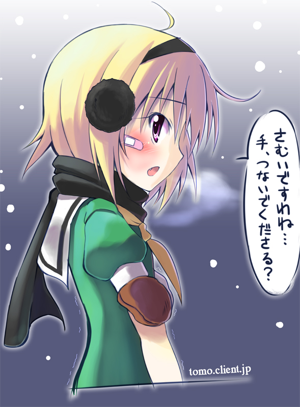kitahara tomoe (kitahara koubou), houjou satoko, higurashi no naku koro ni, translated, 00s, 1girl, :o, bandaid, bandaid on face, blonde hair, blush, breath, cold, dress, earmuffs, fang, female focus, from side, hairband, looking at viewer, profile, red eyes, sailor dress, scarf, short hair, snow, solo, trembling, watermark, web address