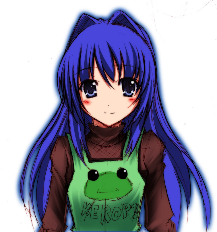 kanzaki, keropi, keropii, minase nayuki, kanon, 1girl, blue eyes, blue hair, female focus, frog, green overalls, hair intakes, long hair, matching hair/eyes, overalls, print overalls, solo, sweater