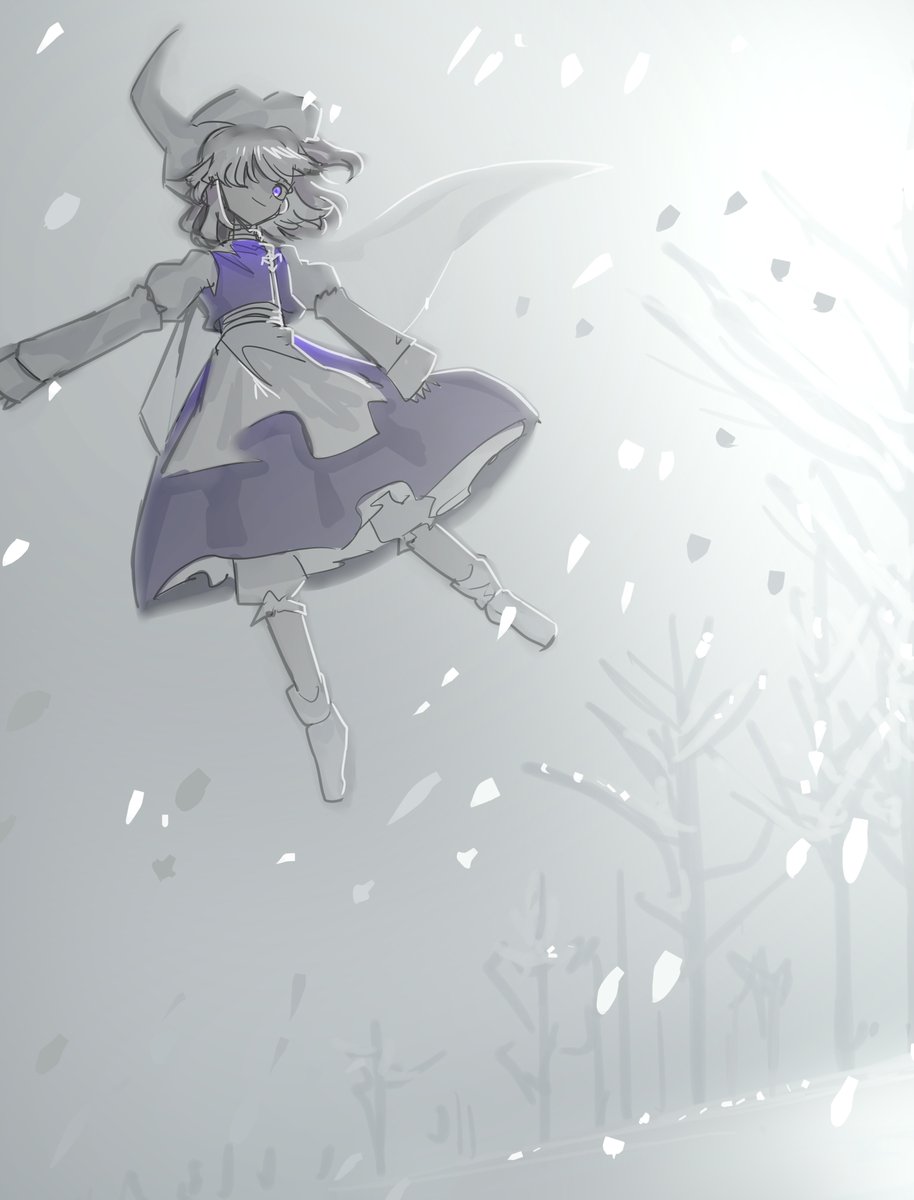 ichirugi, letty whiterock, touhou, commentary request, highres, 1girl, apron, blue eyes, blue skirt, blue vest, flying, one eye covered, skirt, snowing, solo, triangular headpiece, vest, waist apron, white hair