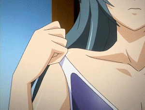 houkago 2: saiyuri, animated, animated gif, lowres, 1girl, blush, bouncing breasts, breasts, closed eyes, female focus, large breasts, locker, nipples, solo, swimsuit, topless female, undressing