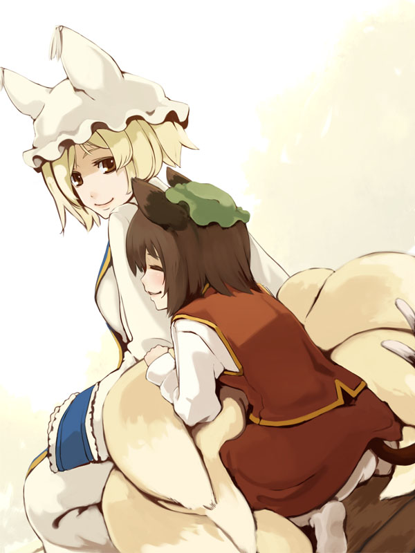 miyakaze, chen, yakumo ran, touhou, 2girls, animal ears, animal hat, blonde hair, brown hair, cat ears, cat girl, cat tail, closed eyes, female focus, fox tail, hat, long sleeves, looking at another, mob cap, multiple girls, multiple tails, short hair, tail, tassel, wide sleeves