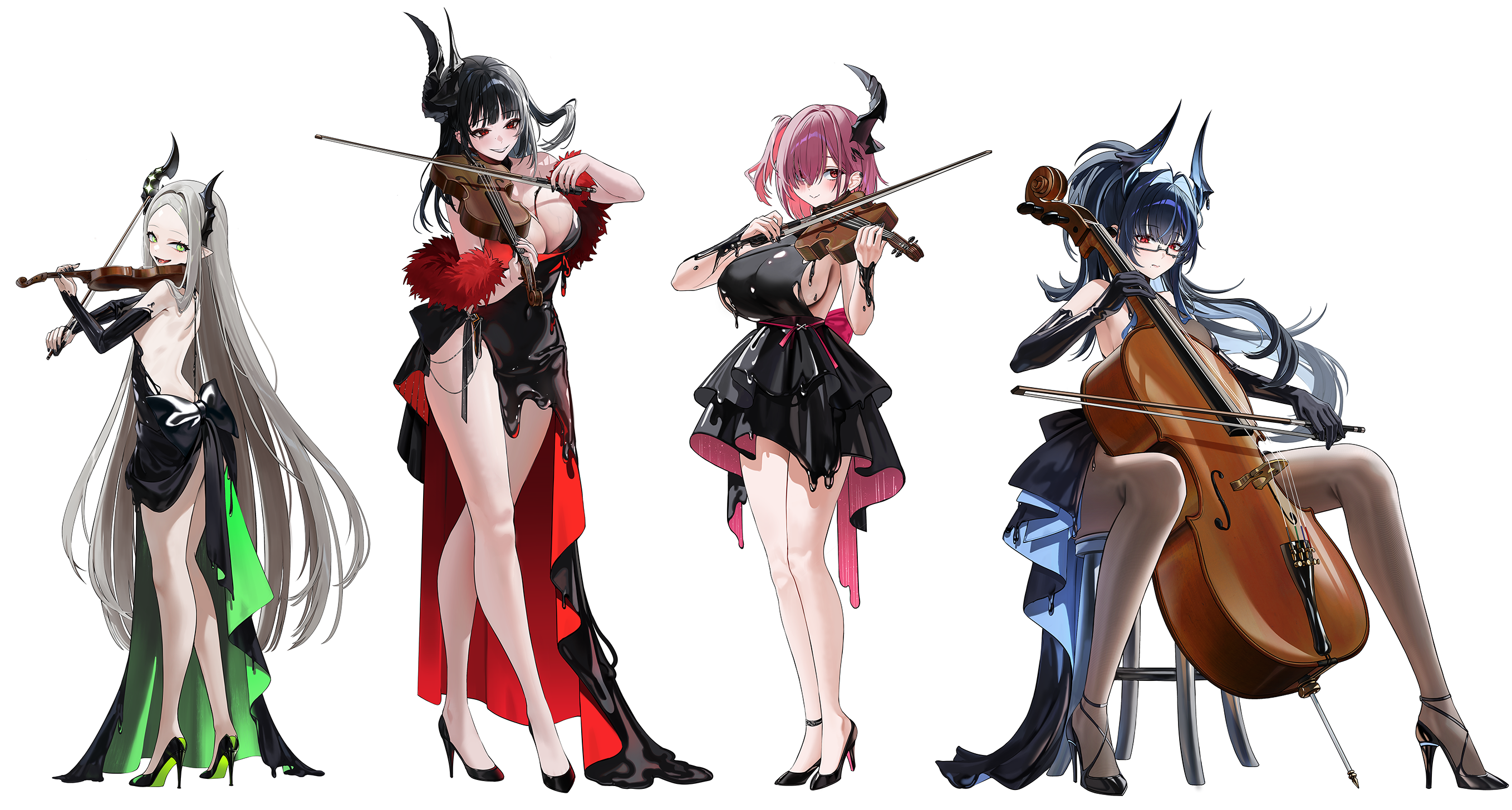 laevan, bahamut (nikke), behemoth (nikke), leviathan (nikke), ziz (nikke), goddess of victory: nikke, commentary request, highres, 4girls, :d, alternate costume, back bow, backless dress, backless outfit, bare shoulders, black bow, black dress, black gloves, black hair, black horns, black lips, black liquid, black nails, black shoes, blunt bangs, bodystocking, bow, bow (music), breasts, chair, cleavage, closed mouth, collarbone, dress, ear piercing, earclip, elbow gloves, feather boa, forehead, four beasts (nikke), full body, glasses, gloves, green eyes, grey hair, grin, hair between eyes, hair intakes, hair over one eye, high heels, holding, holding bow (music), holding instrument, holding violin, horns, instrument, large breasts, liquid clothes, long dress, long hair, looking at viewer, mole, mole under mouth, multicolored hair, multiple girls, music, musical note, on chair, one side up, open mouth, parted bangs, piercing, pink bow, pink hair, playing instrument, pointy ears, ponytail, red eyes, see-through cleavage, see-through clothes, sharp teeth, shoes, short dress, sideboob, sidelocks, simple background, single horn, sitting, small breasts, smile, standing, strapless, strapless dress, teeth, tongue piercing, very long hair, violin, white background