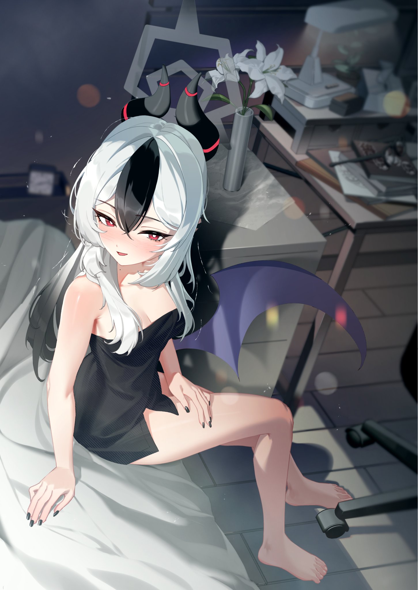 karasu-san (syh3iua83), kayoko (blue archive), blue archive, commentary request, highres, 1girl, alternate costume, alternate hairstyle, bare arms, bare shoulders, barefoot, black dress, black hair, black nails, breasts, cleavage, demon girl, demon horns, demon wings, dress, gradient hair, grey halo, hair between eyes, hair down, halo, horns, indoors, long hair, looking at viewer, medium breasts, multicolored hair, open mouth, red eyes, single wing, sitting, sleeveless, sleeveless dress, solo, strapless, strapless dress, two-tone hair, white hair, wings