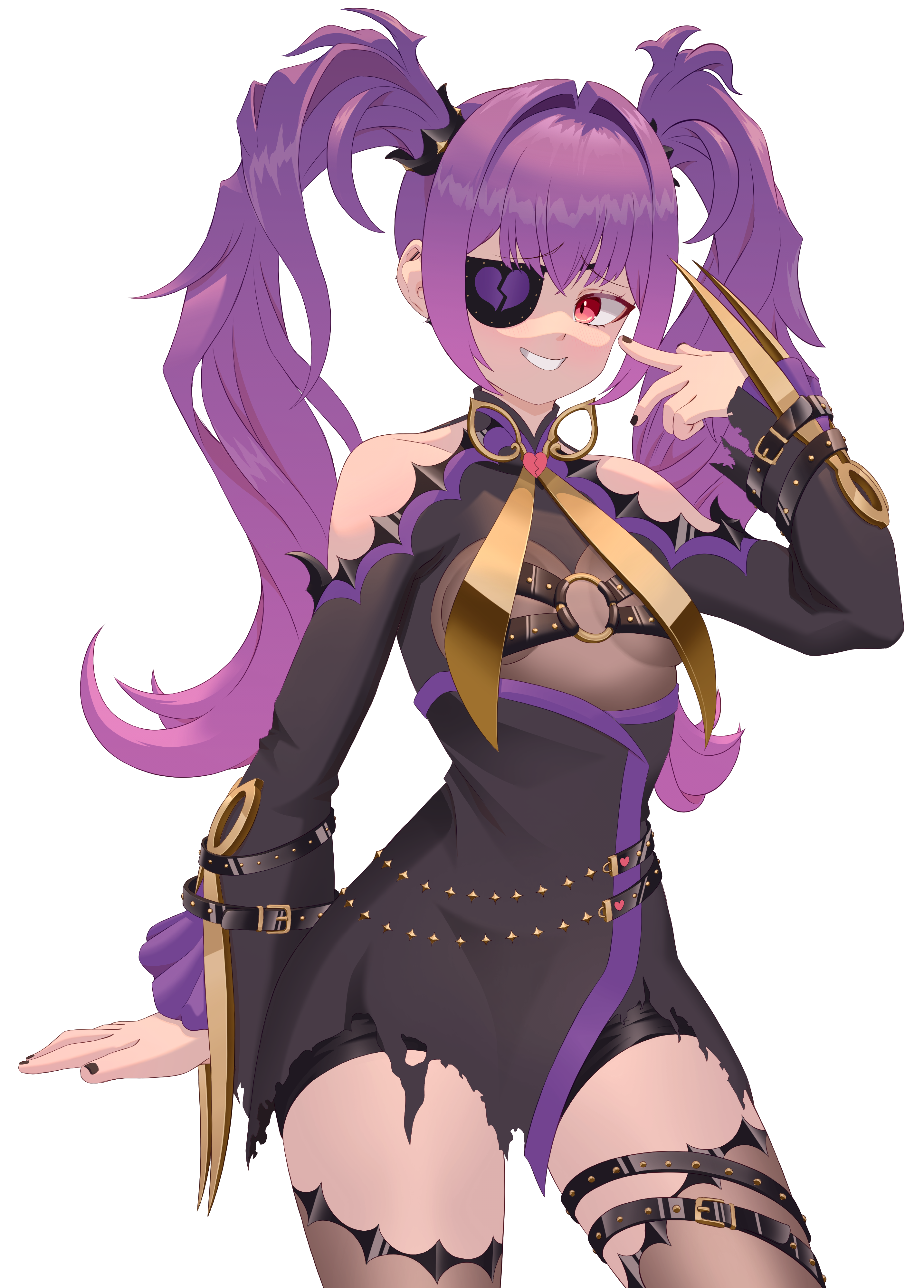 s0ft, mercy modiste, vallure, absurdres, commission, commissioner upload, highres, 1girl, alternate breast size (smaller), bare shoulders, belt, breasts, broken heart, eyepatch, gradient hair, hair between eyes, hair intakes, heart, looking at viewer, multicolored hair, nail polish, o-ring, o-ring top, open mouth, purple hair, red eyes, scissors, small breasts, smile, solo, thighhighs, transparent background, twintails, v, virtual youtuber