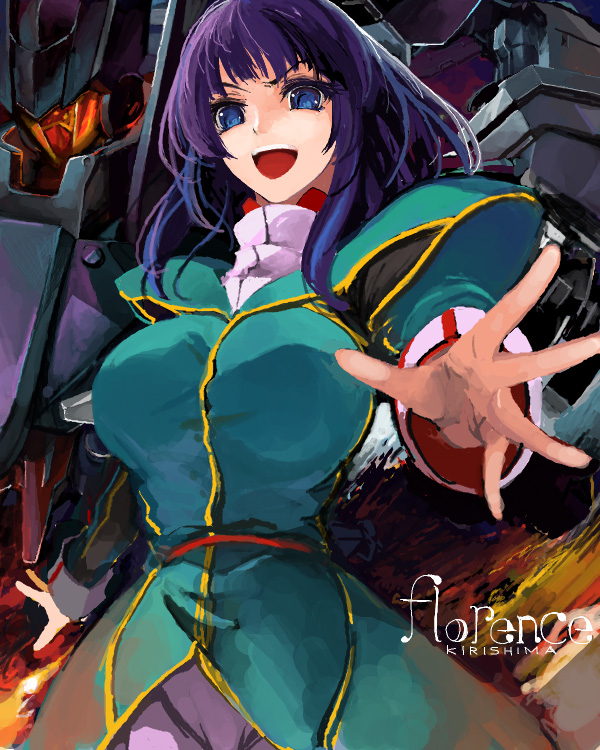 pupps, flag custom, florence kirishima, gundam, gundam 00, sd gundam, sd gundam g-generation, uniform, 00s, 1girl, blue eyes, breasts, female focus, foreshortening, large breasts, mecha, multicolored hair, open mouth, robot, smile, solo