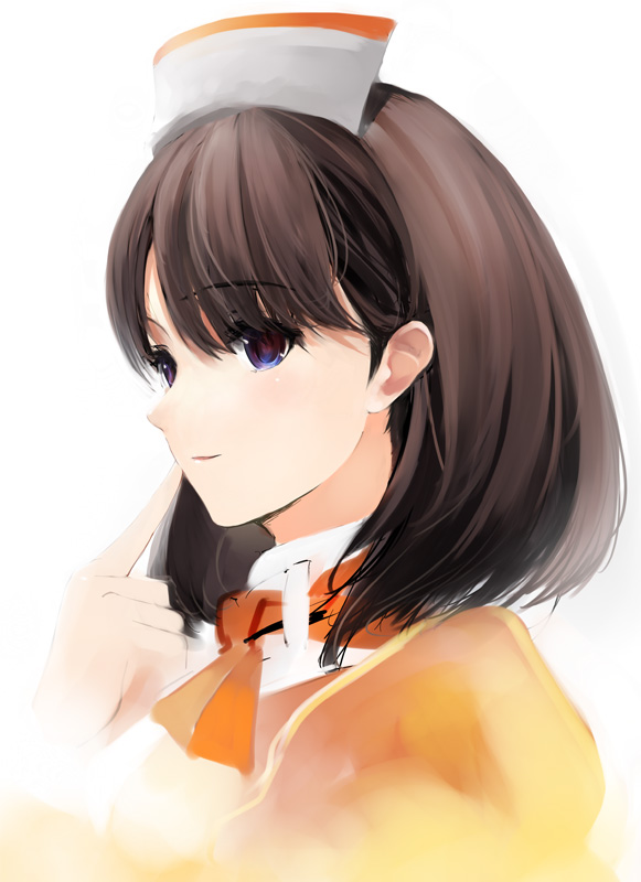 pupps, anegasaki nene, love plus, original, 1girl, brown hair, female focus, finger to mouth, hat, multicolored eyes, nurse cap, simple background, smile, solo