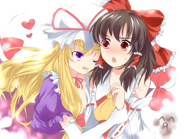 yatomi, hakurei reimu, yakumo yukari, touhou, 2girls, blonde hair, blush, brown hair, detached sleeves, elbow gloves, female focus, gap (touhou), gloves, hat, heart, japanese clothes, miko, multiple girls, one eye closed, ribbon, white gloves, wink, yuri