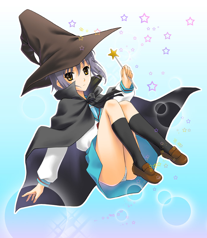kawashima mitsuha, mitsuha, nagato yuki, suzumiya haruhi no yuuutsu, 00s, 1girl, blush, brown eyes, cape, female focus, hat, panties, pantyshot, purple hair, school uniform, serafuku, solo, star (symbol), striped clothes, striped panties, underwear, wand, witch hat