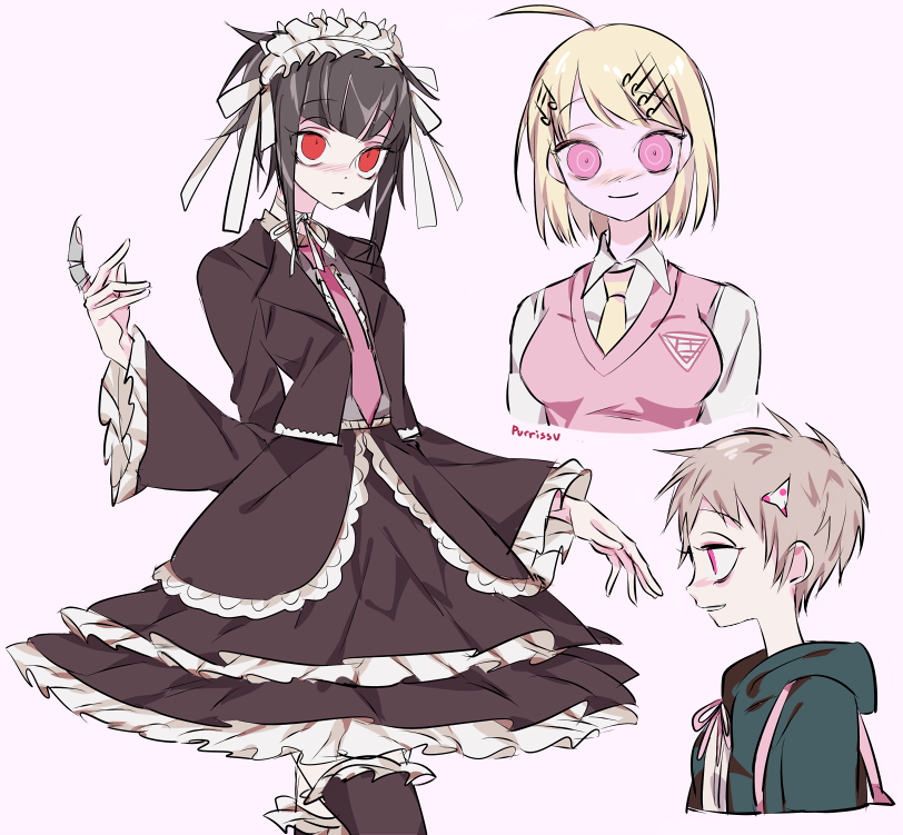 purrissu, akamatsu kaede, celestia ludenberg, nanami chiaki, danganronpa: trigger happy havoc, danganronpa (series), danganronpa 2: goodbye despair, danganronpa v3: killing harmony, commentary, english commentary, third-party source, 3girls, alternate hair length, alternate hairstyle, artist name, black jacket, black skirt, blonde hair, blunt bangs, blush, breasts, brown hair, closed mouth, collared shirt, cropped arms, cropped shoulders, cropped torso, fortissimo, frilled skirt, frilled sleeves, frills, from side, gothic lolita, green jacket, hair ornament, hair ribbon, hood, hood down, hooded jacket, jacket, lolita fashion, long sleeves, multiple girls, musical note, musical note hair ornament, neck ribbon, necktie, open clothes, open jacket, pink eyes, pink necktie, pink ribbon, pink vest, pixie cut, red eyes, ribbon, shirt, short hair, sidelocks, simple background, skirt, smile, very short hair, vest, white background, white headdress, white ribbon, white shirt, yellow necktie