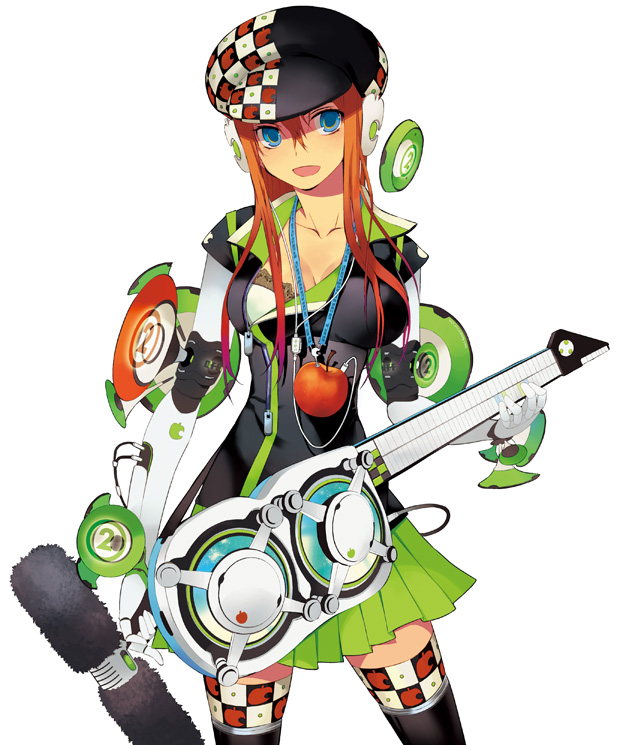 2no, ninomoto, apple inc., original, bad id, bad pixiv id, 1girl, apple, apple print, blue eyes, female focus, food, food-themed clothes, food as clothes, food print, fruit, fruit print, guitar, hat, headphones, instrument, long hair, orange hair, personification, product girl, skirt, solo, thighhighs