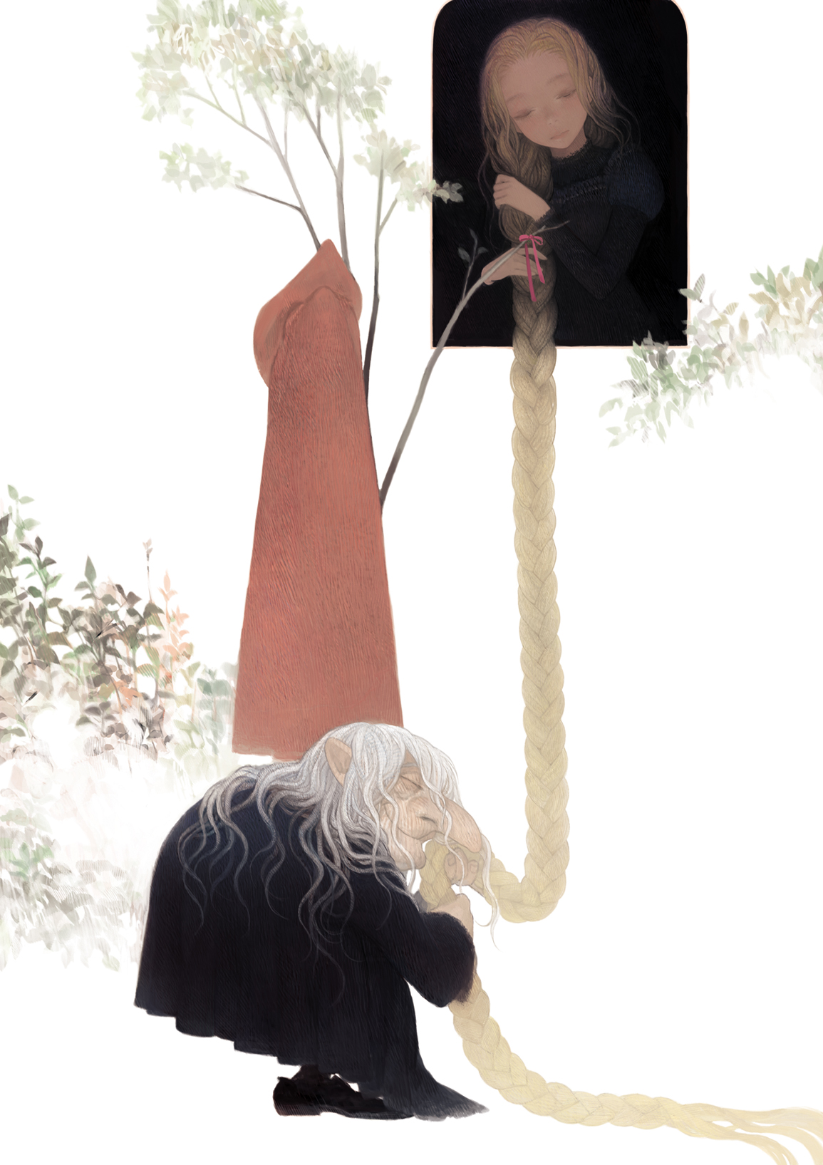 matayoshi, rapunzel (fairy tale character), rapunzel (fairy tale), highres, blonde hair, braid, cloak, dress, leaf, long hair, nose, old, old woman, pantyhose, ribbon, shoes, tree, very long hair, white hair, witch