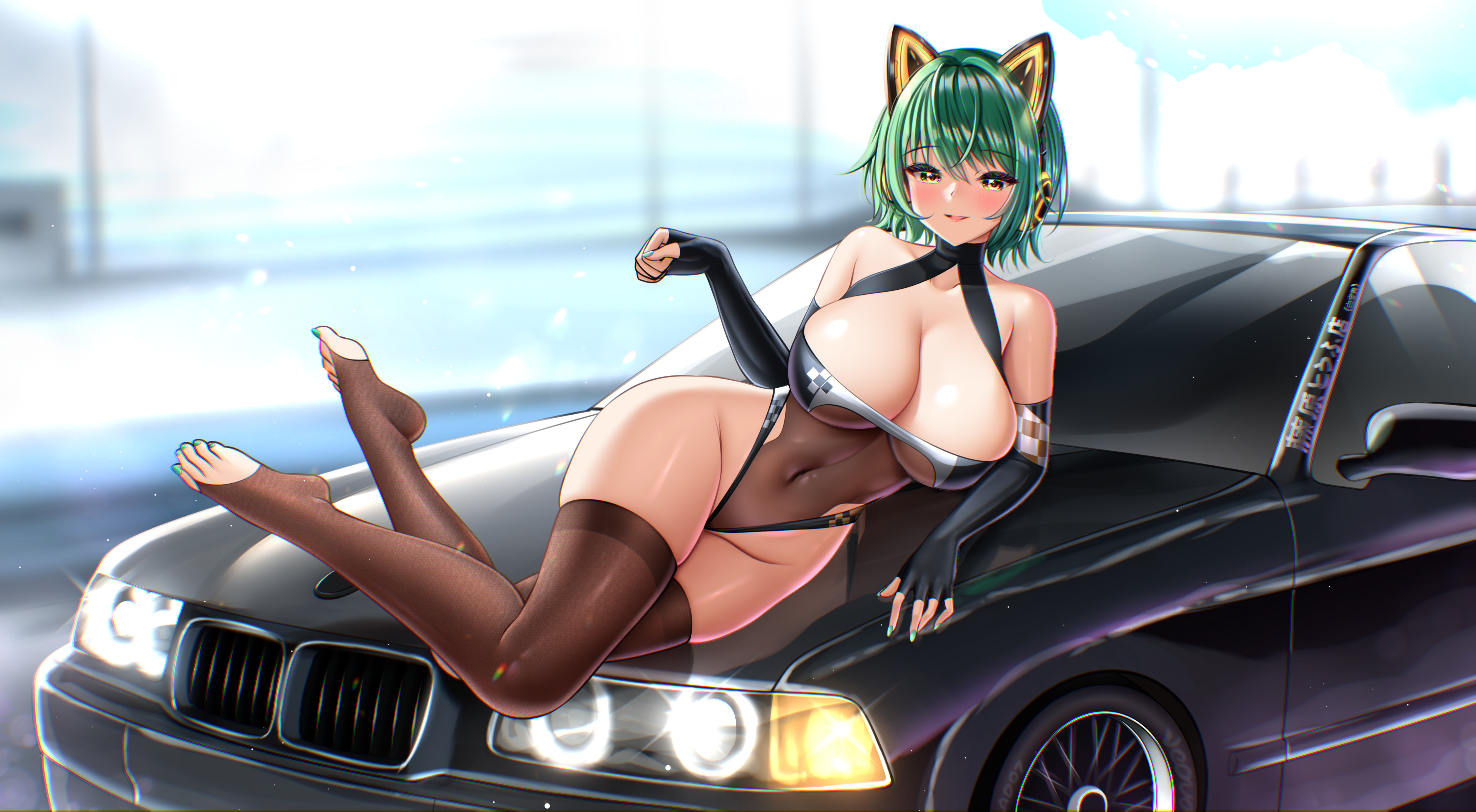 itacho (itasha draws), admiral nakhimov (azur lane), admiral nakhimov (cheerleading mechanic?) (azur lane), azur lane, absurdres, commentary, highres, variant set, vehicle request, 1girl, animal ear headphones, animal ears, barefoot, black gloves, breasts, brown leotard, brown thighhighs, car, cat ear headphones, cat ears, cleavage, collarbone, elbow gloves, fake animal ears, fingerless gloves, full body, gloves, green hair, hair between eyes, headphones, highleg, highleg leotard, huge breasts, leotard, looking at viewer, lying, motor vehicle, navel, official alternate costume, on car, on side, paw pose, race queen, see-through clothes, see-through leotard, short hair, skindentation, solo, stirrup legwear, thighhighs, toeless legwear, yellow eyes