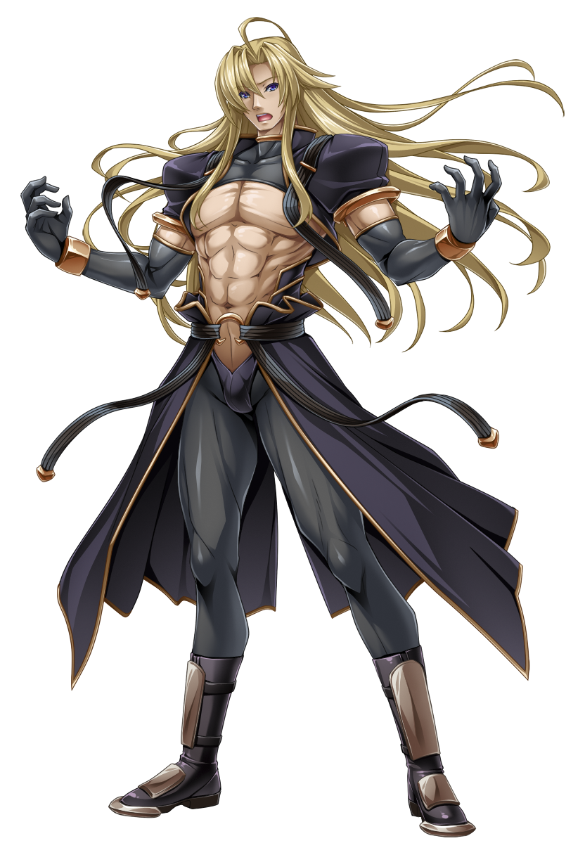 inoino, kouyoku senki exs-tia, game cg, highres, large variant set, non-web source, official art, variant set, 1boy, abs, ahoge, belt, black belt, black coat, black gloves, black jacket, black pants, blonde hair, blue eyes, boots, bracelet, coat, covered collarbone, dark-skinned male, dark skin, elbow gloves, floating hair, full body, gloves, gold trim, hair between eyes, jacket, jewelry, leggings, legs apart, long hair, looking at viewer, male focus, muscular, muscular male, naiolo (exs-tia), navel, open clothes, open mouth, pants, pantyhose, pectorals, purple eyes, short sleeves, shrug (clothing), simple background, skin tight, solo, standing, teeth, transparent background, waist cape