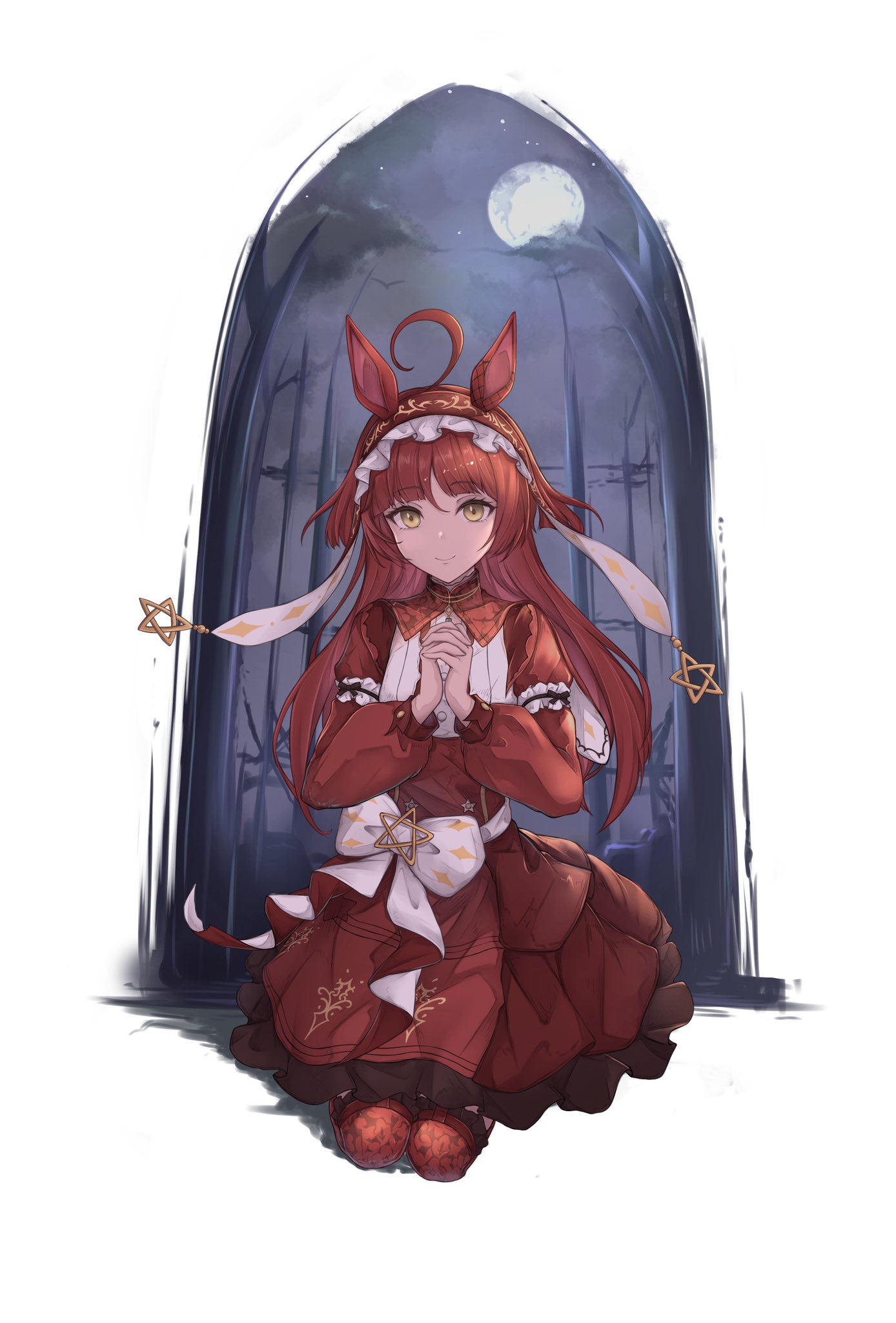 peperoncino-sama, red desire (umamusume), umamusume, commentary request, highres, 1girl, animal ears, blunt bangs, blush, breasts, full body, hair between eyes, hair flaps, hair ornament, horse ears, horse girl, kneeling, looking at viewer, moon, own hands clasped, own hands together, red hair, ribbon, simple background, small breasts, smile, solo, star (symbol), white background, yellow eyes