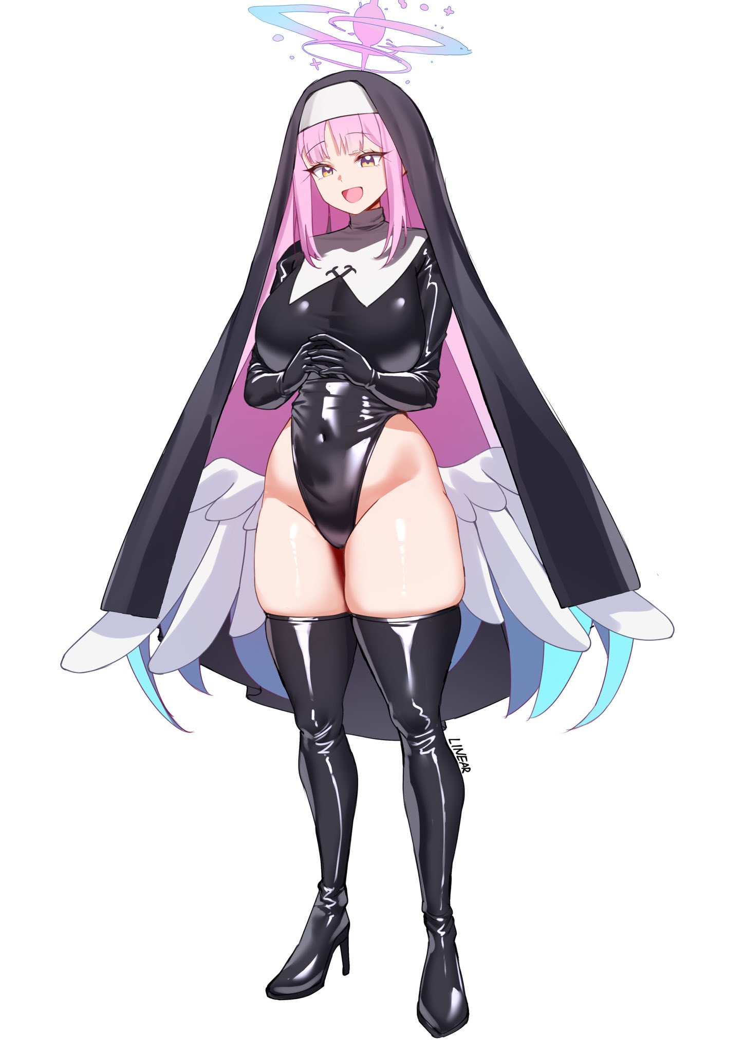 linear 71, justina follower (blue archive), mika (blue archive), blue archive, commentary, english commentary, highres, 1girl, alternate costume, angel wings, black leotard, black veil, coif, cosplay, covered navel, feathered wings, full body, gloved sleeves, gradient halo, halo, highleg, highleg leotard, justina follower (blue archive) (cosplay), latex, latex legwear, latex leotard, latex thighhighs, leotard, long hair, low wings, multicolored halo, nun, own hands clasped, own hands together, pink hair, pink halo, sleeved leotard, solo, thighhighs, veil, white background, white wings, wings, yellow halo