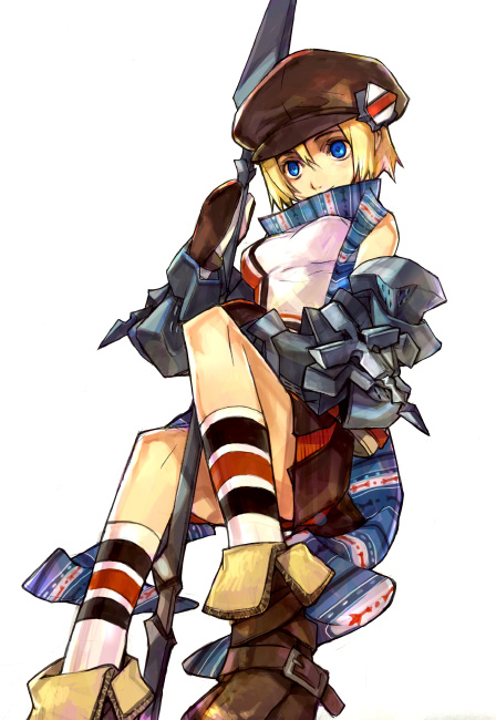 2no, ninomoto, original, bad id, bad pixiv id, 1girl, armor, blonde hair, blue eyes, boots, female focus, hat, polearm, scarf, short hair, skirt, solo, weapon