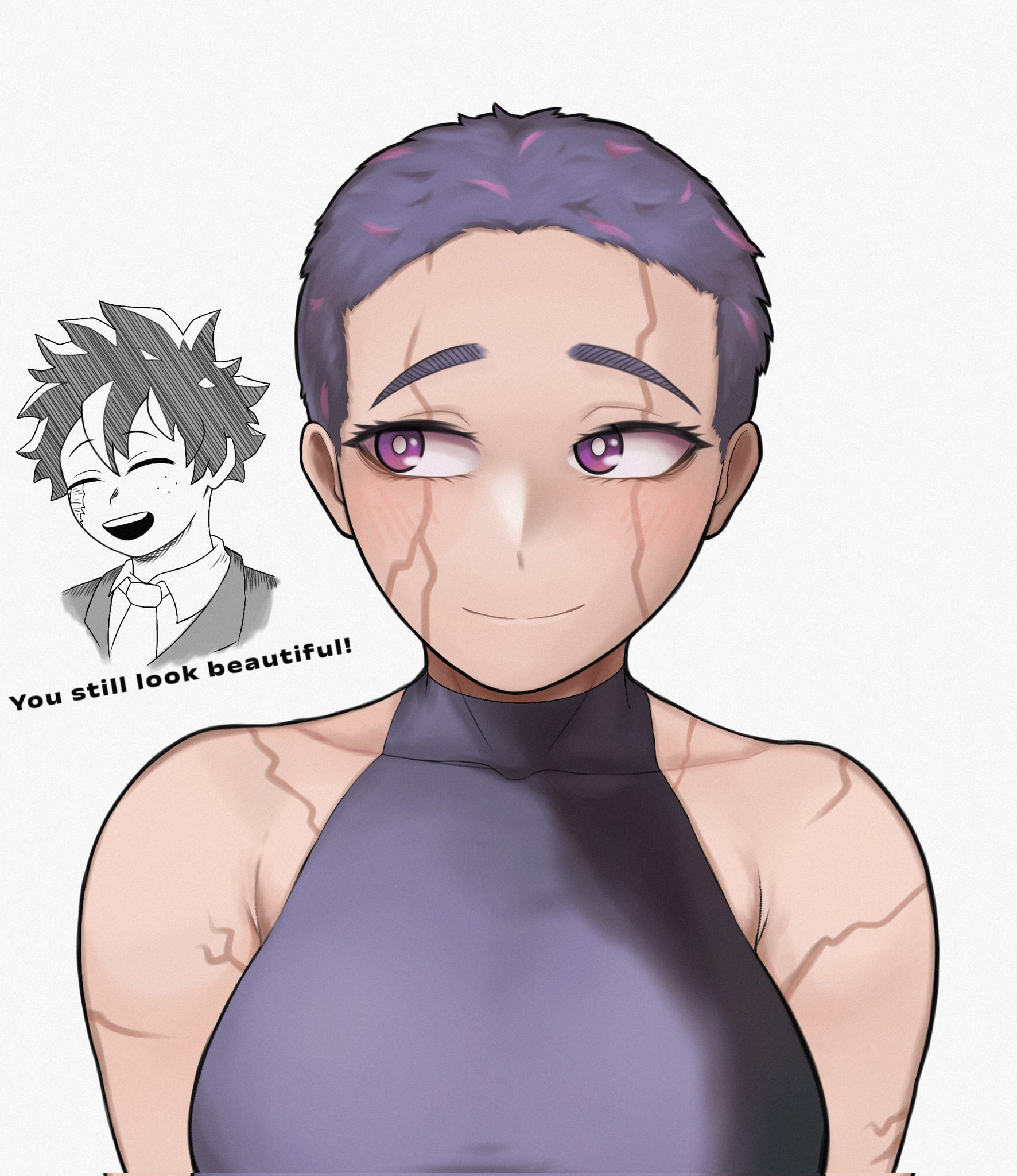 evoltodraw, lady nagant, midoriya izuku, boku no hero academia, commentary, english commentary, highres, 1boy, 1girl, alternate hair length, alternate hairstyle, bare shoulders, blush, breasts, bright pupils, closed eyes, closed mouth, collarbone, collared shirt, english text, eyelashes, freckles, necktie, open mouth, purple eyes, purple hair, scar, scar across eye, scar on arm, scar on face, scar on shoulder, shirt, short hair, sideways glance, simple background, sleeveless, smile, solo focus, very short hair, white background, white pupils