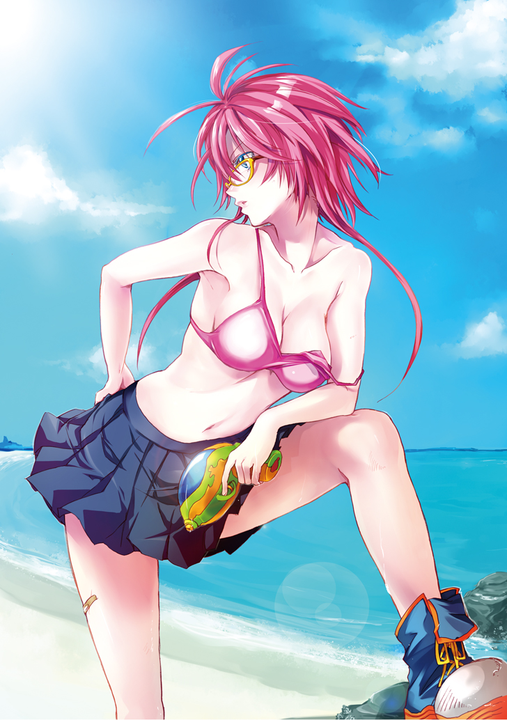 itou nanami, original, bad id, bad pixiv id, 1girl, bandaid, bikini, bikini top only, blue eyes, breasts, cleavage, cloud, day, female focus, glasses, light rays, looking back, medium breasts, navel, pink bikini, pink hair, pleated skirt, short hair, skirt, sky, solo, strap slip, sunbeam, sunlight, swimsuit, water gun, yellow-framed eyewear
