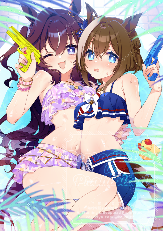 koruri, cheval grand (summer calm navy drop) (umamusume), cheval grand (umamusume), vivlos (eclat d'ete) (umamusume), vivlos (umamusume), umamusume, alt text, commentary request, 2girls, ;d, animal ears, bikini, blue bikini, blue bow, blue eyes, blue swim trunks, bow, bracelet, braid, brown hair, ear bow, ear ornament, hair between eyes, half up braid, hand on another's waist, heart, heart necklace, holding, holding water gun, horse ears, horse girl, horse tail, jewelry, long hair, looking at viewer, multicolored hair, multiple girls, navel, necklace, official alternate costume, one eye closed, open mouth, purple bikini, purple eyes, rubber duck, short hair with long locks, siblings, sisters, smile, star (symbol), star necklace, streaked hair, swimsuit, tail, water, water gun, watermark, white hair