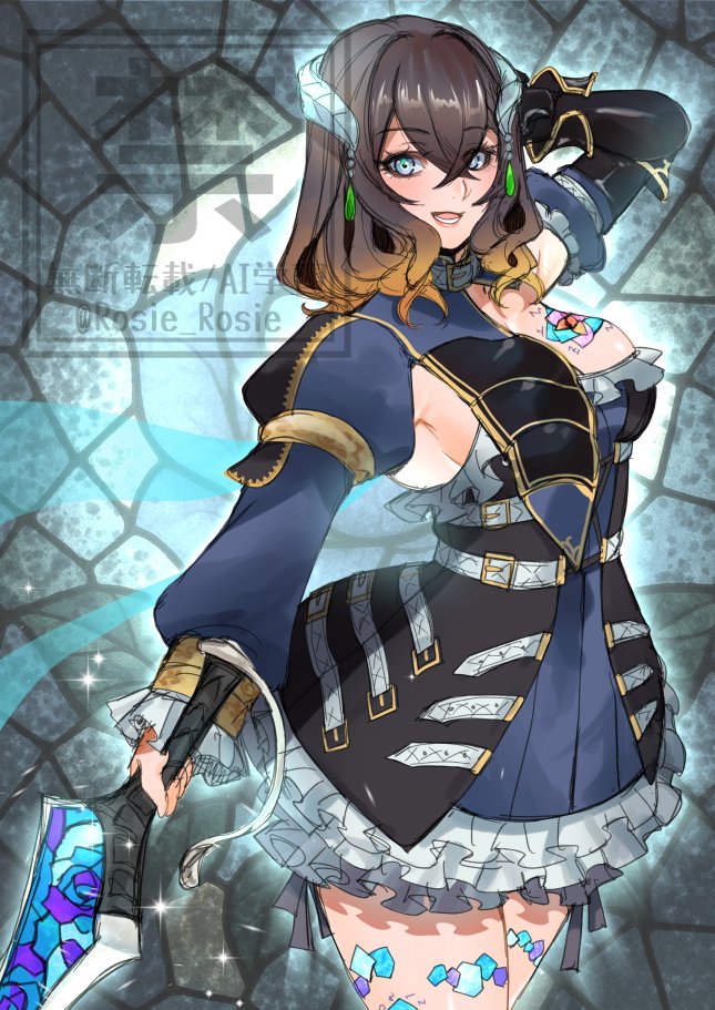 rosie rosie, miriam (bloodstained), bloodstained: ritual of the night, bloodstained (series), commentary request, 1girl, blue dress, blue eyes, breast tattoo, breasts, brown hair, cleavage, cowboy shot, dress, holding, holding sword, holding weapon, horns, short hair, solo, sword, tattoo, watermark, weapon