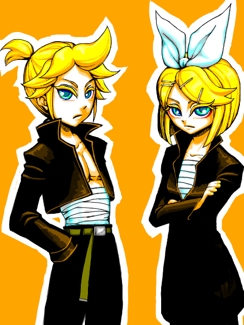 kagamine len, kagamine rin, gekokujou (vocaloid), vocaloid, 1boy, 1girl, belt, blonde hair, brother and sister, green eyes, hair ribbon, pants, ribbon, sarashi, short hair, siblings, smile, twins