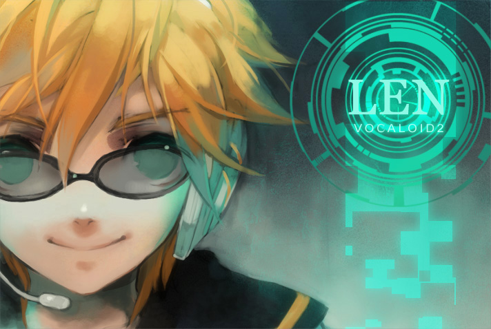 stecky, kagamine len, vocaloid, bad id, bad pixiv id, 1boy, blonde hair, glasses, green eyes, headset, male focus, short hair, solo