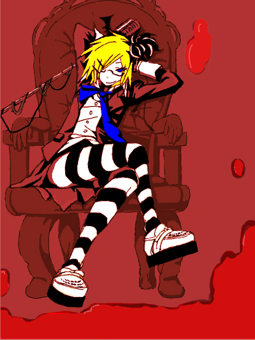 kagamine rin, glare (vocaloid), vocaloid, bad id, bad pixiv id, 1girl, arms behind head, blonde hair, blue eyes, crossed legs, female focus, full body, glasses, hair ribbon, microphone, microphone stand, ribbon, short hair, sitting, skirt, solo, striped clothes, striped thighhighs, thighhighs, throne