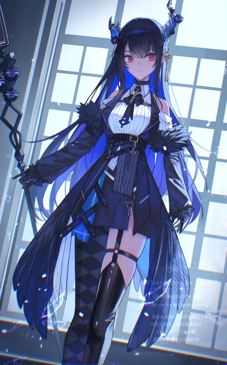 xyunx, nerissa ravencroft, nerissa ravencroft (1st costume), hololive, hololive english, commentary, highres, symbol-only commentary, 1girl, argyle clothes, argyle pantyhose, asymmetrical horns, asymmetrical legwear, bident, black bow, black bowtie, black gloves, black hair, black pantyhose, black skirt, black thighhighs, black vest, black wings, blue hair, bow, bowtie, breast strap, closed mouth, clothing cutout, collared shirt, colored inner hair, dress shirt, feather-trimmed sleeves, feathered wings, flower, flower knot, fortissimo, garter straps, glass shards, gloves, hair ornament, holding, holding polearm, holding weapon, horn flower, horns, indoors, long hair, long sleeves, low wings, miniskirt, mismatched legwear, mole, mole under eye, multicolored hair, musical note, musical note hair ornament, o-ring, o-ring legwear, o-ring thigh strap, pantyhose, pencil skirt, polearm, purple eyes, ribbed shirt, shirt, shoulder cutout, side slit, sidelocks, single garter strap, single leg pantyhose, single thighhigh, skirt, slit pupils, solo, tassel, tassel hair ornament, thigh strap, thighhighs, uneven horns, uneven legwear, very long hair, vest, virtual youtuber, watermark, weapon, white shirt, wings