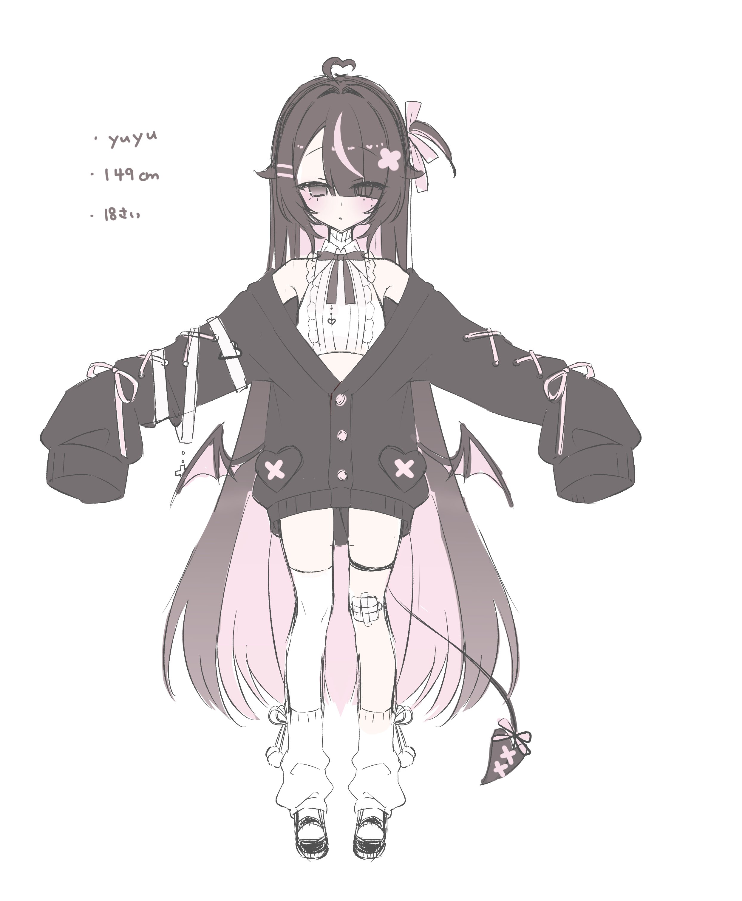 yu o015, original, absurdres, commentary request, highres, 1girl, ahoge, asymmetrical legwear, black cardigan, black eyes, black hair, black shoes, cardigan, character name, closed mouth, demon girl, demon tail, demon wings, full body, gauze, gauze on knee, hair ornament, hair over one eye, hairclip, heart, heart ahoge, height, long hair, long sleeves, looking at viewer, mismatched legwear, multicolored hair, parallel hairclips, parted bangs, pink streaks, shirt, shoes, simple background, single thighhigh, sleeves past fingers, sleeves past wrists, socks, solo, streaked hair, tail, thigh strap, thighhighs, very long hair, white background, white shirt, white socks, white thighhighs, wings, x hair ornament