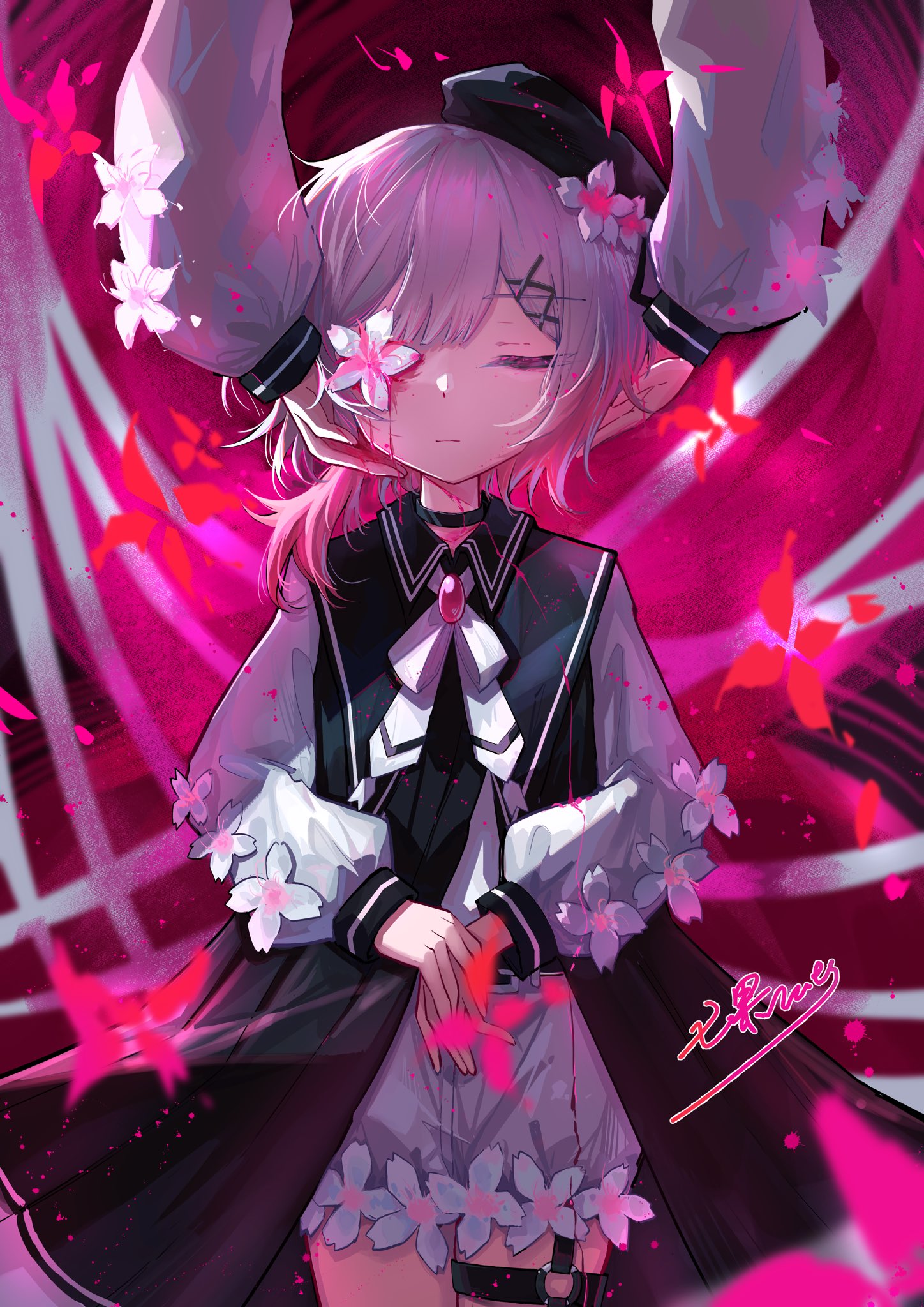 sakuraba ema, mahou shoujo no majo saiban, chinese commentary, commentary request, highres, spoilers, 2girls, beret, black dress, black hat, cherry blossoms, closed eyes, cowboy shot, dress, dual persona, flower, flower over eye, hair flower, hair ornament, hat, long sleeves, lying, multicolored hair, multiple girls, nutsumi47, o-ring, o-ring thigh strap, on back, one eye covered, own hands together, short hair, signature, skeletal wings, solo focus, thigh strap, white hair, wings, witch (manosaba), x hair ornament