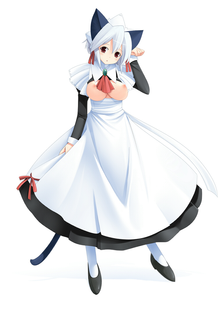 fujishiro touma, kotonomiya yuki, suigetsu, bad id, bad pixiv id, 1girl, animal ears, breasts, cat ears, cat tail, female focus, large breasts, maid, nipples, open clothes, open shirt, red eyes, shirt, short hair, solo, tail
