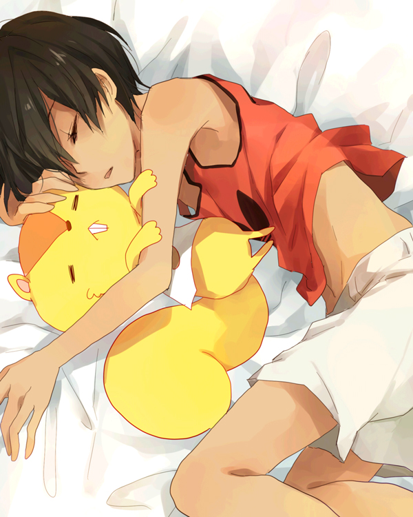 yuzuki karu, ikezawa kazuma, kari-kenji, summer wars, bad id, bad pixiv id, 00s, 1boy, blanket, closed eyes, doll, male focus, short hair, sleeping, solo, squirrel, trap